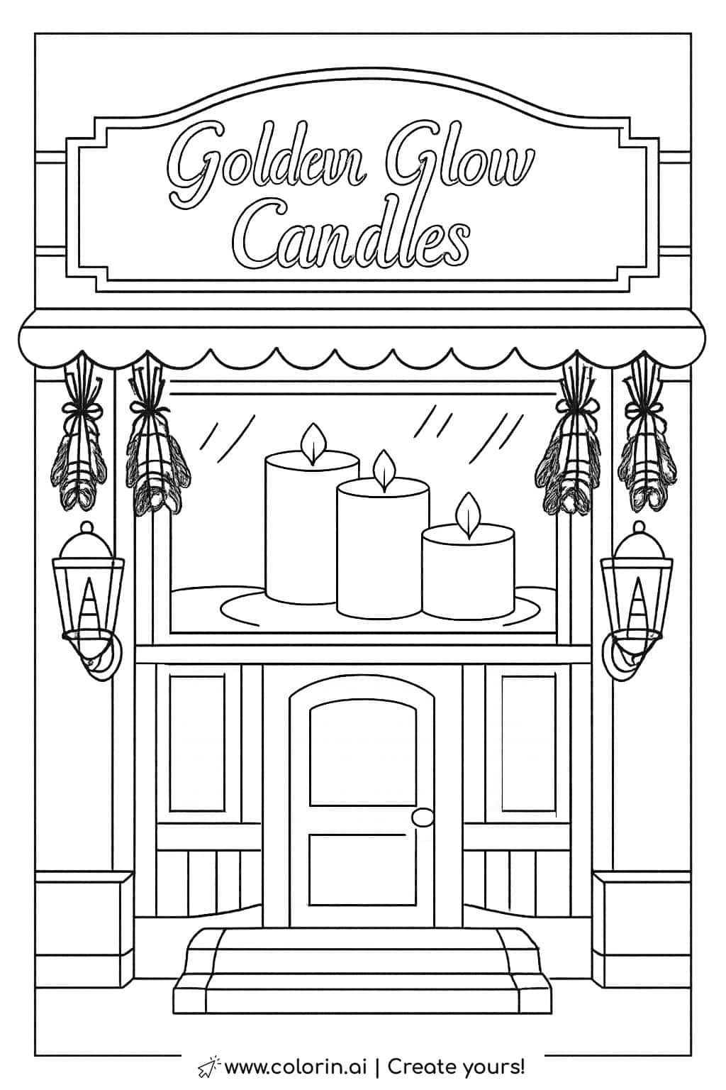 candle shop with glowing window display coloring page featuring lanterns and large candles coloring page