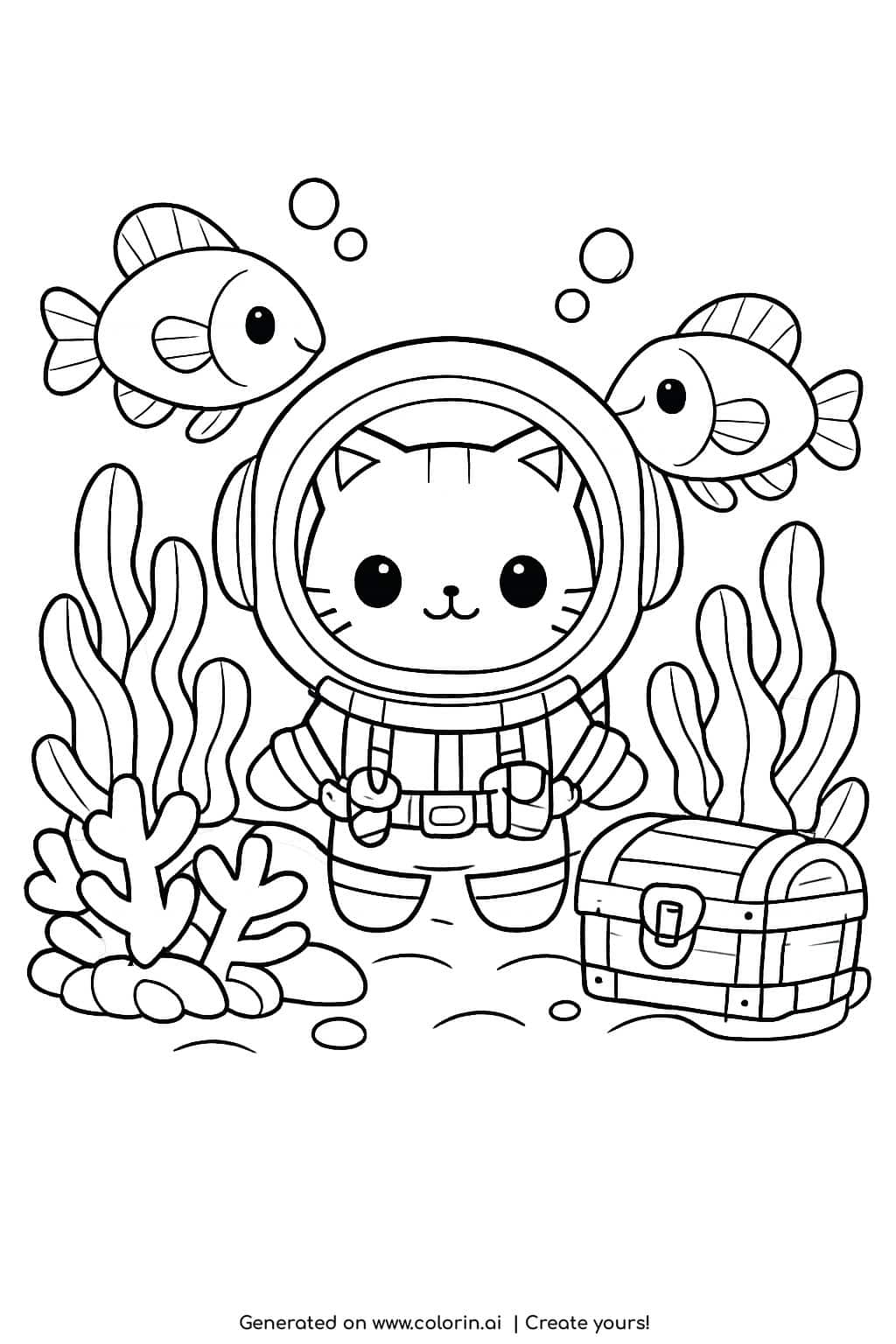 cat diver exploring underwater with treasure chest coloring page with fish and coral