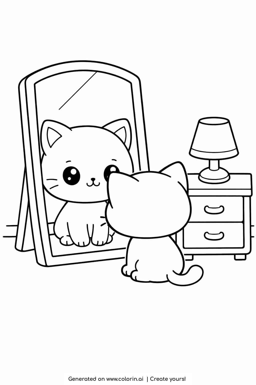 cat looking at its reflection in mirror coloring page cute kitten facing mirror near dresser coloring page