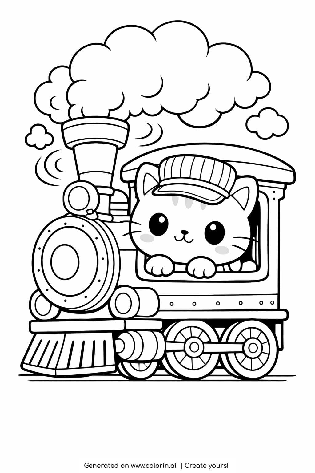 cat peeking from a steam train window coloring page with smoke and wheels