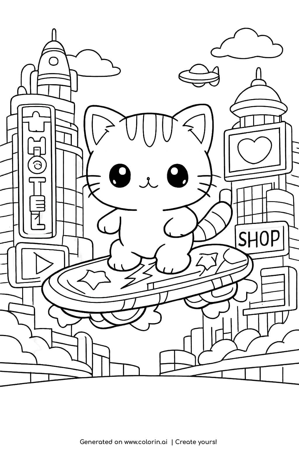 cat riding a flying hoverboard in a futuristic city coloring page with skyscrapers