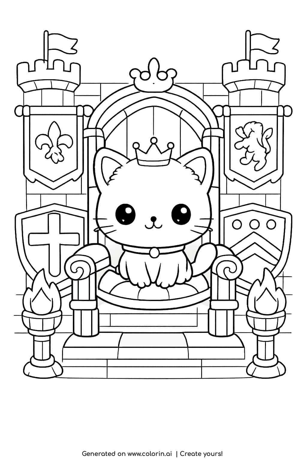 cat sitting on a royal throne in a medieval castle coloring page with shields and torches