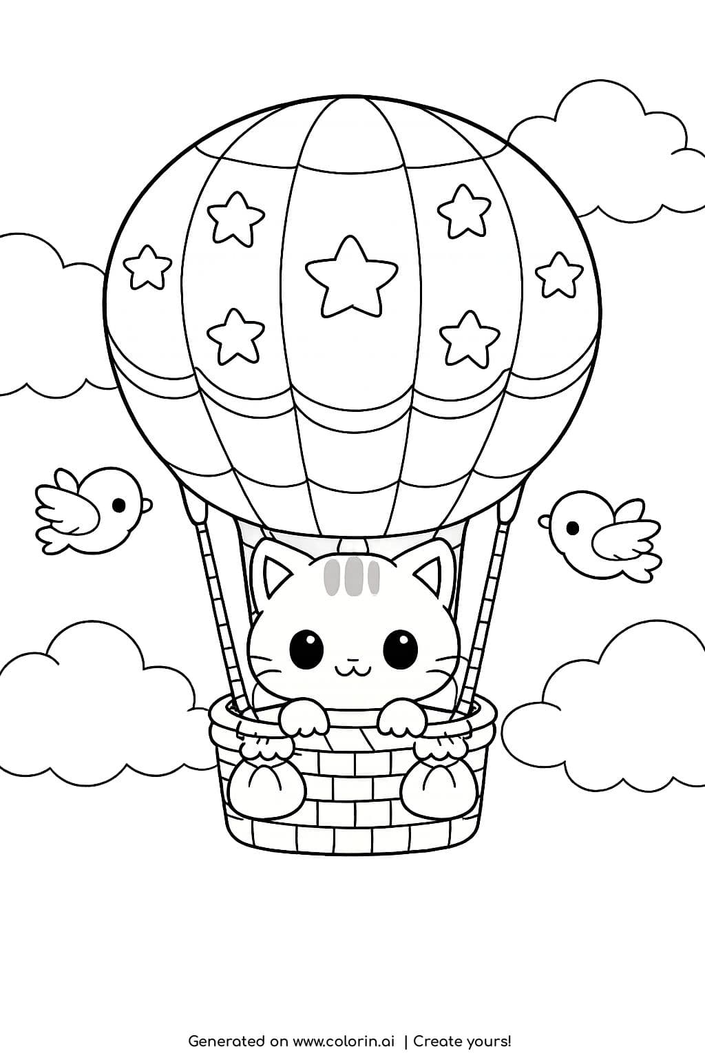 cat traveling in a hot air balloon coloring page with stars on balloon and birds