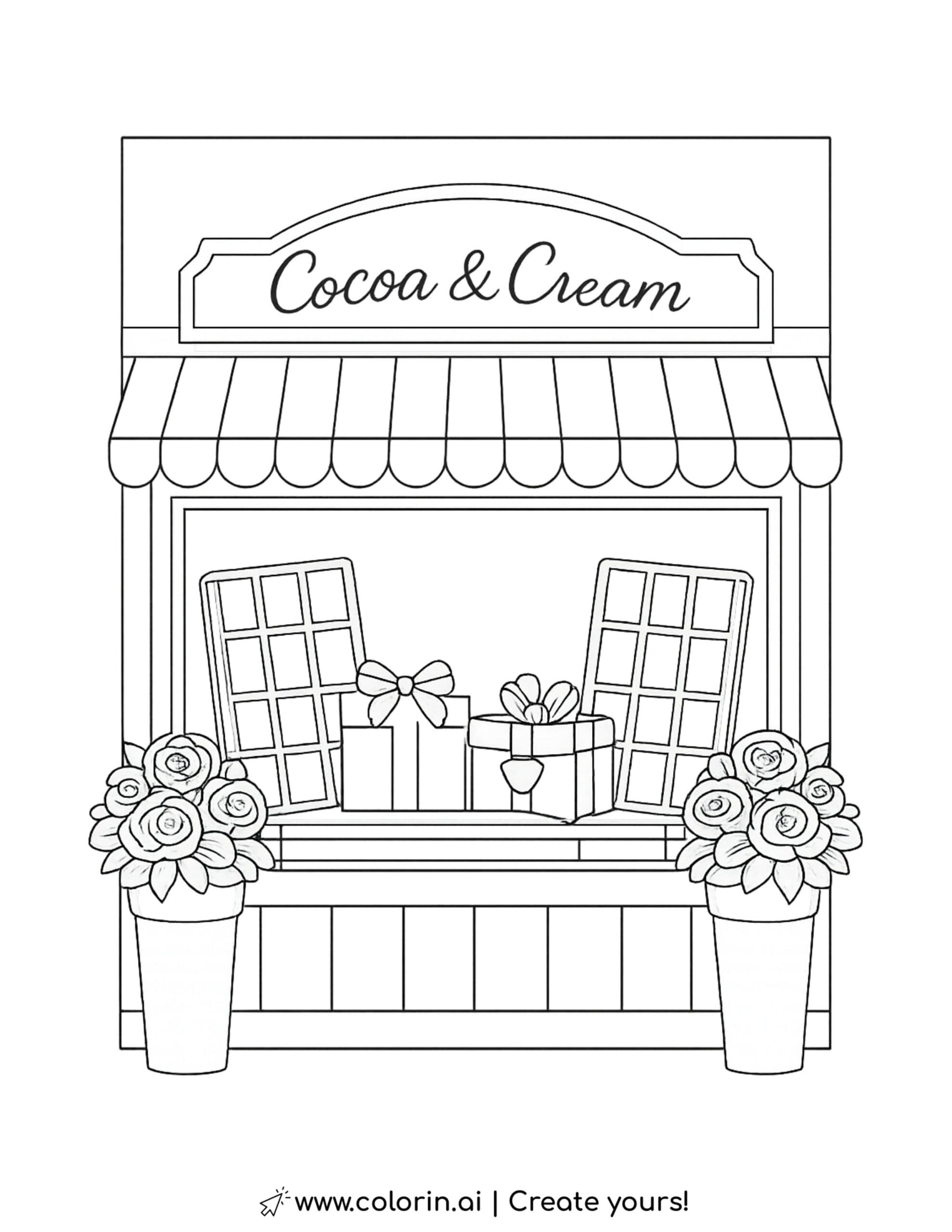 cocoa and cream chocolate shop window coloring page with chocolate bars and gift boxes coloring page
