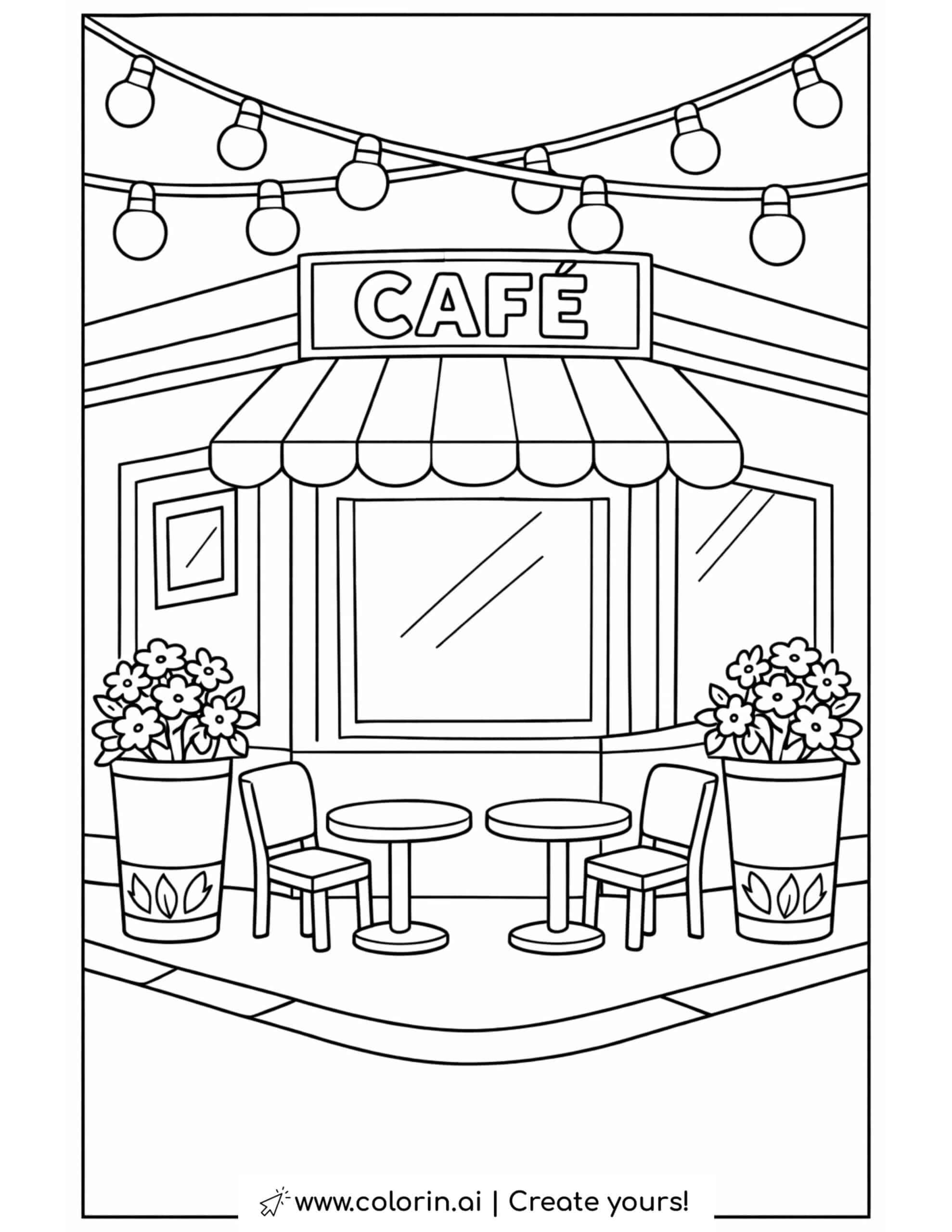 corner cafe with outdoor tables coloring page with hanging lights and flower pots coloring page