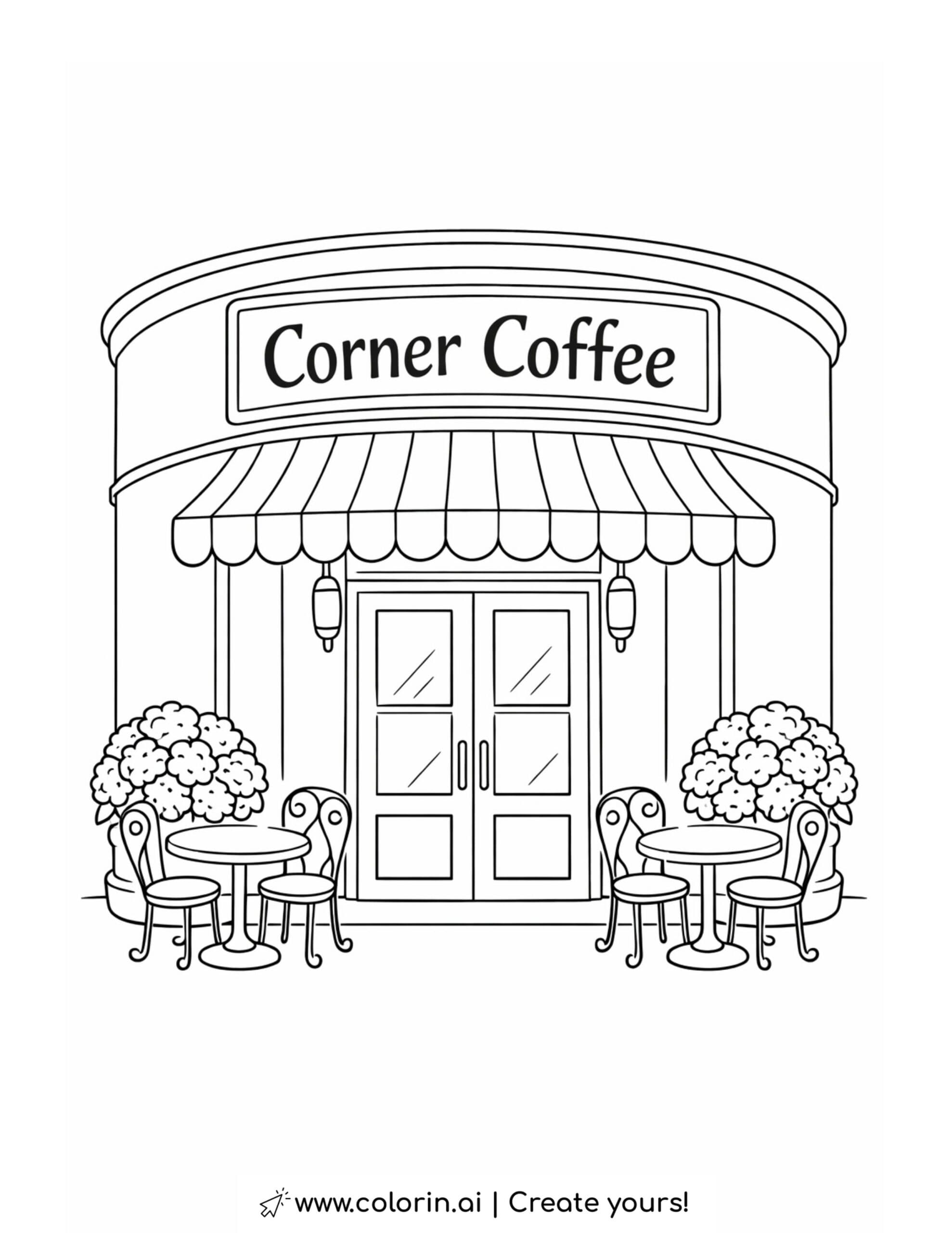 corner coffee shop with outdoor tables coloring page featuring curved facade and small round tables coloring page