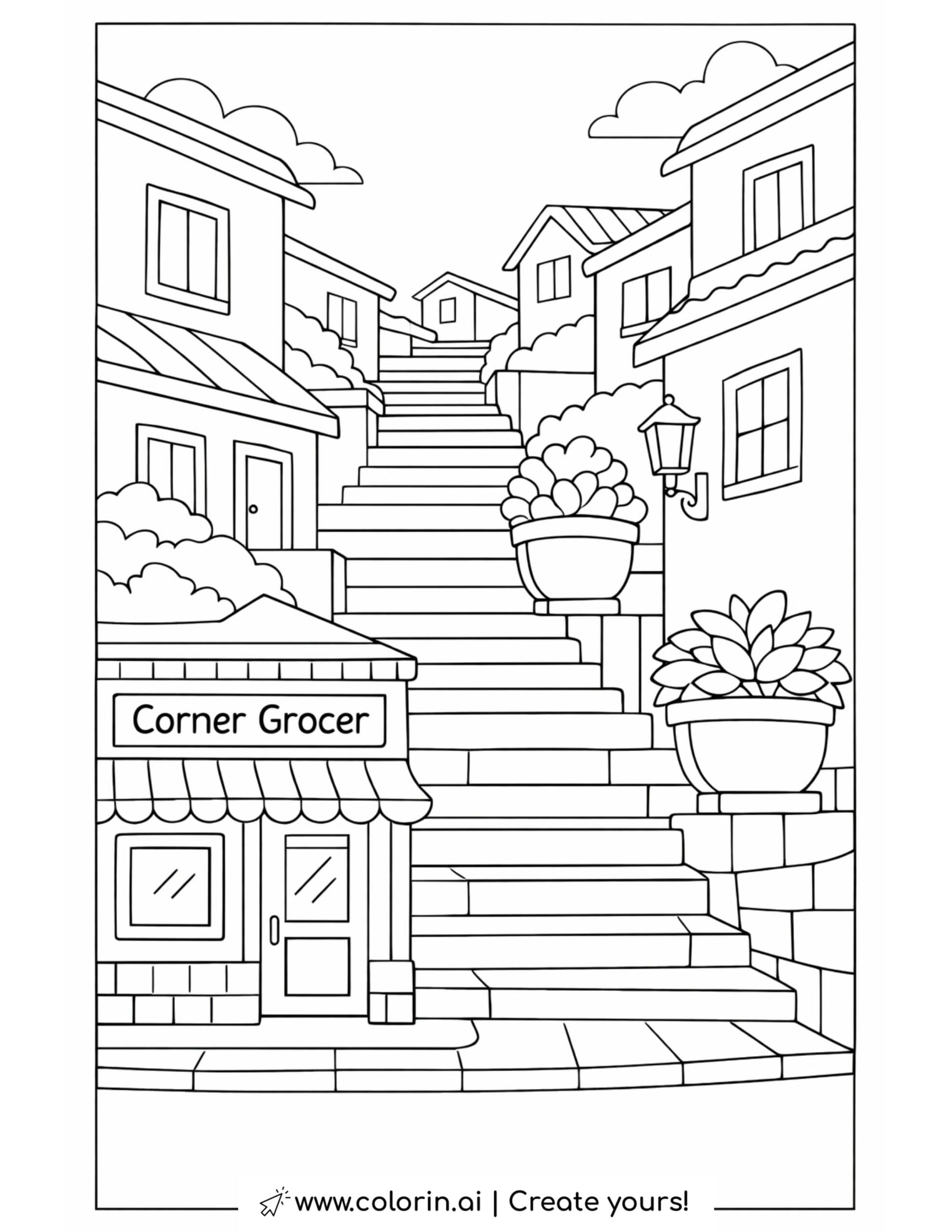 corner grocer on stair street coloring page with hillside houses and steps