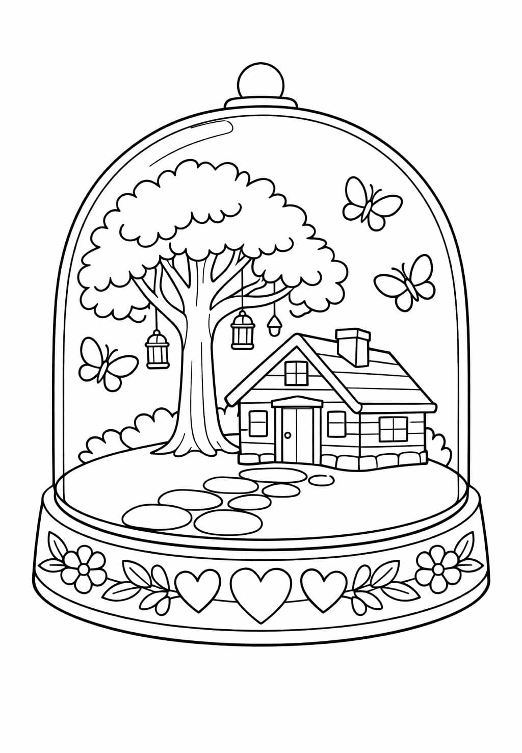 cottage cabin under glass dome coloring page with tree and butterflies