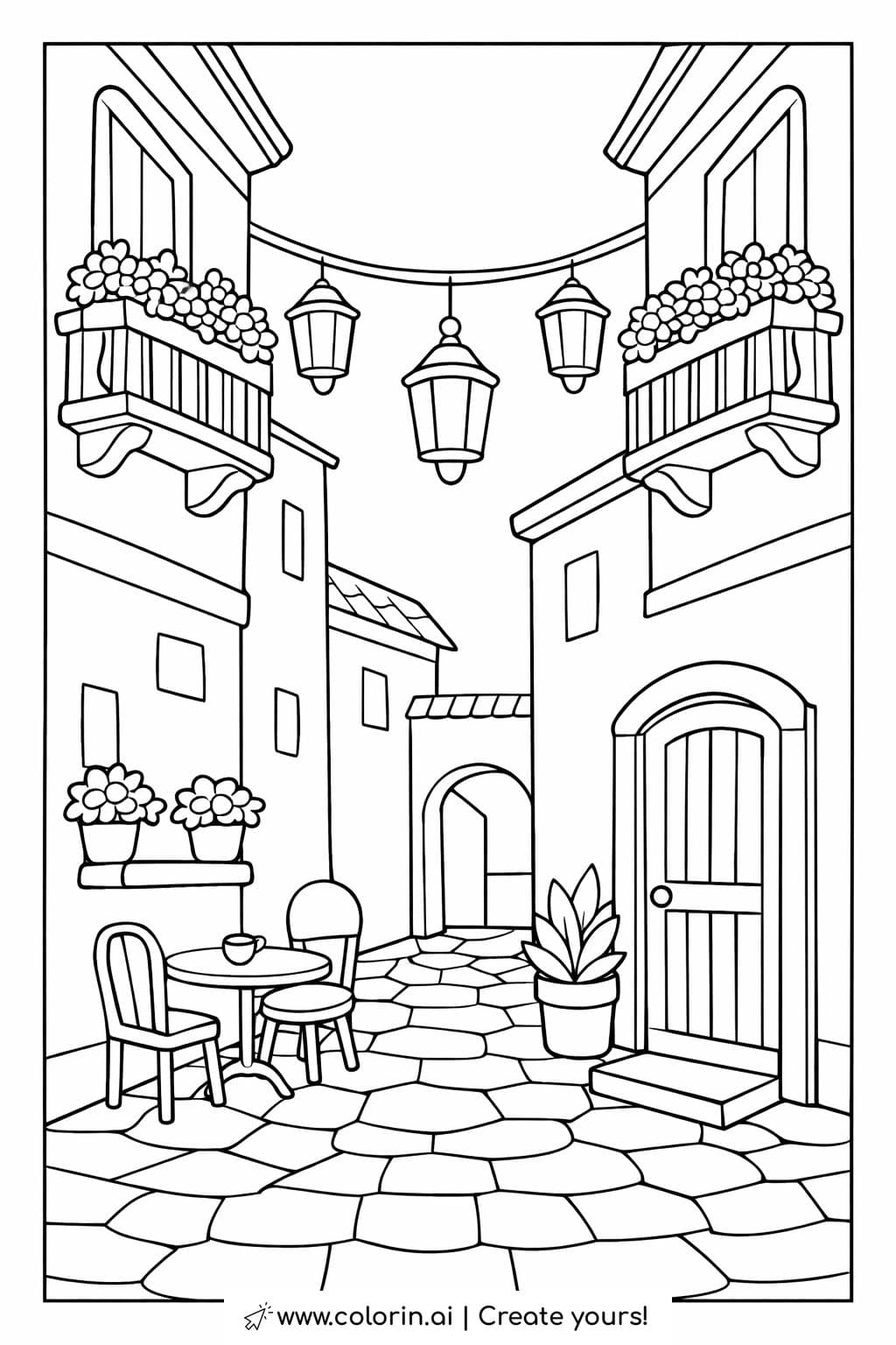 cozy cobblestone street with balconies coloring page featuring narrow houses and hanging lanterns coloring page