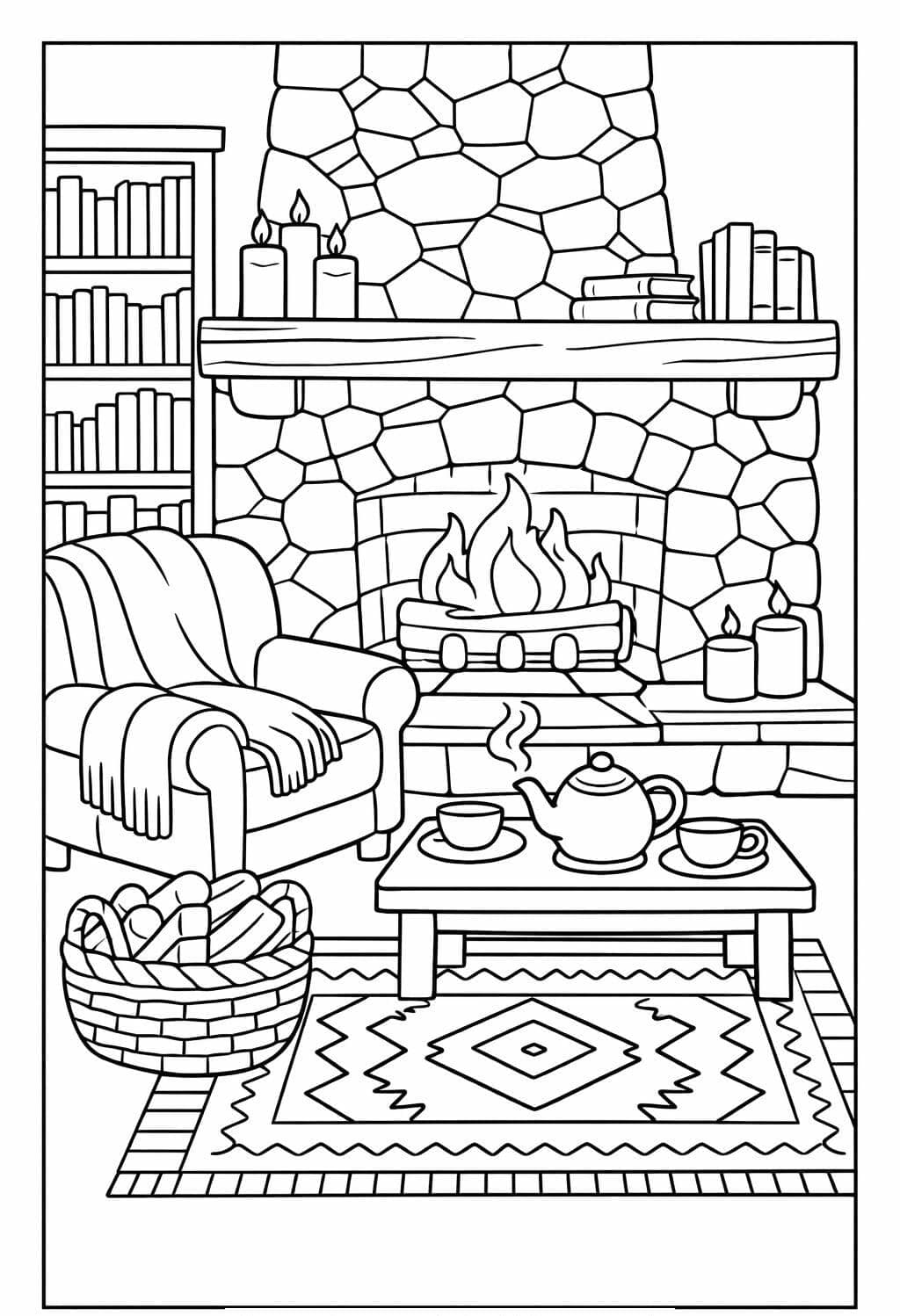 cozy winter living room with fireplace coloring page featuring armchair and tea table