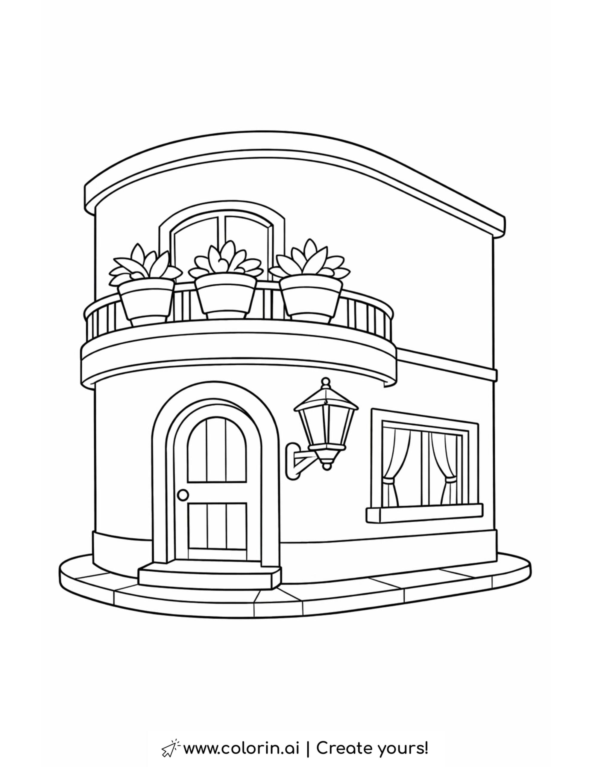 curved corner house with balcony plants coloring page with arched door and lantern coloring page