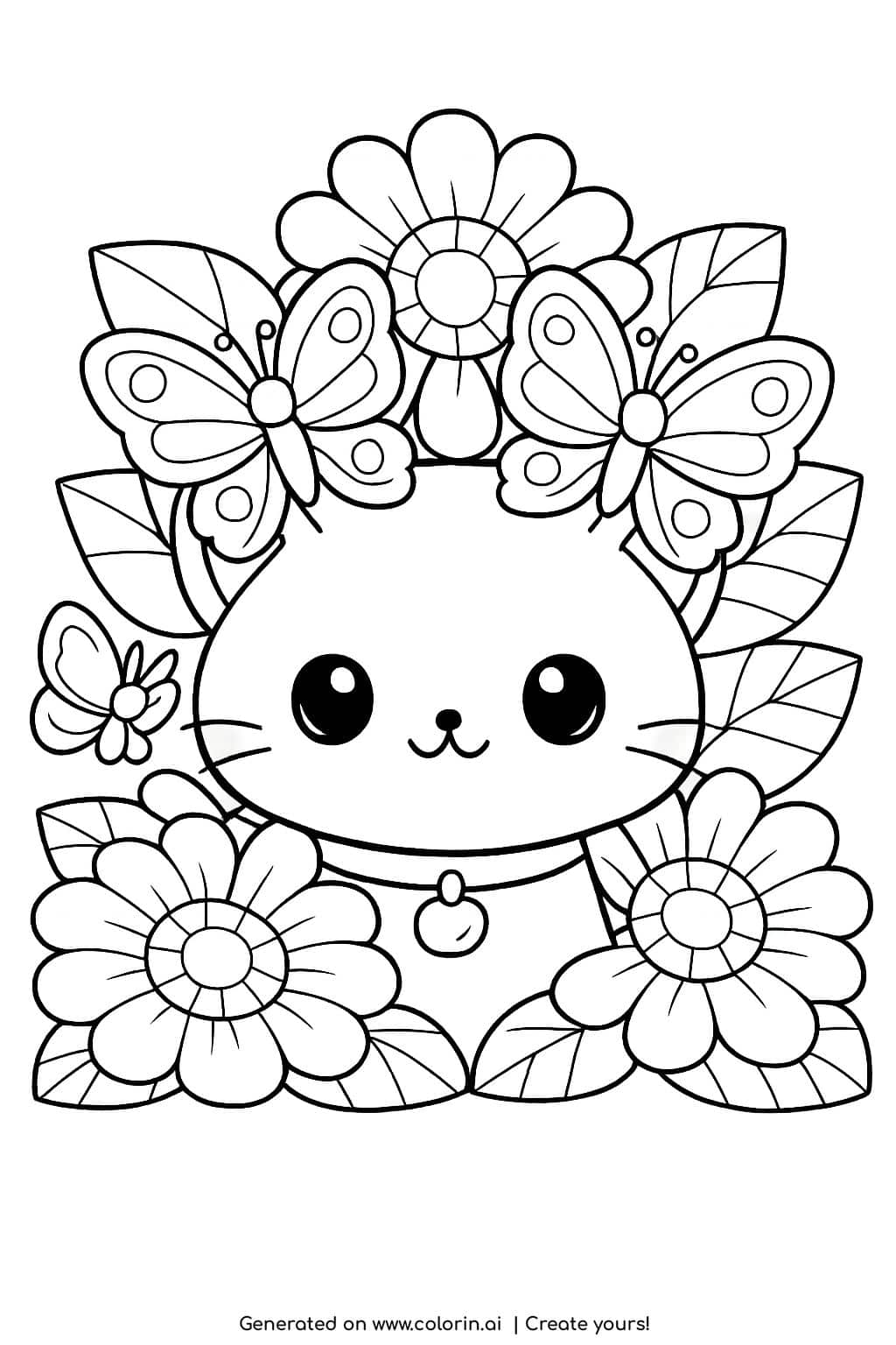 cute kitten with butterflies and flowers coloring page with large blossoms coloring page