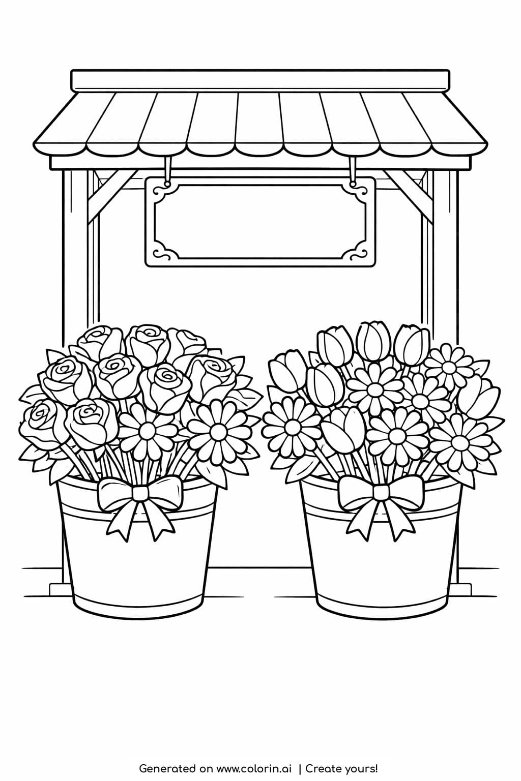 flower stand with bucket bouquets coloring page with two floral buckets under a small market roof coloring page