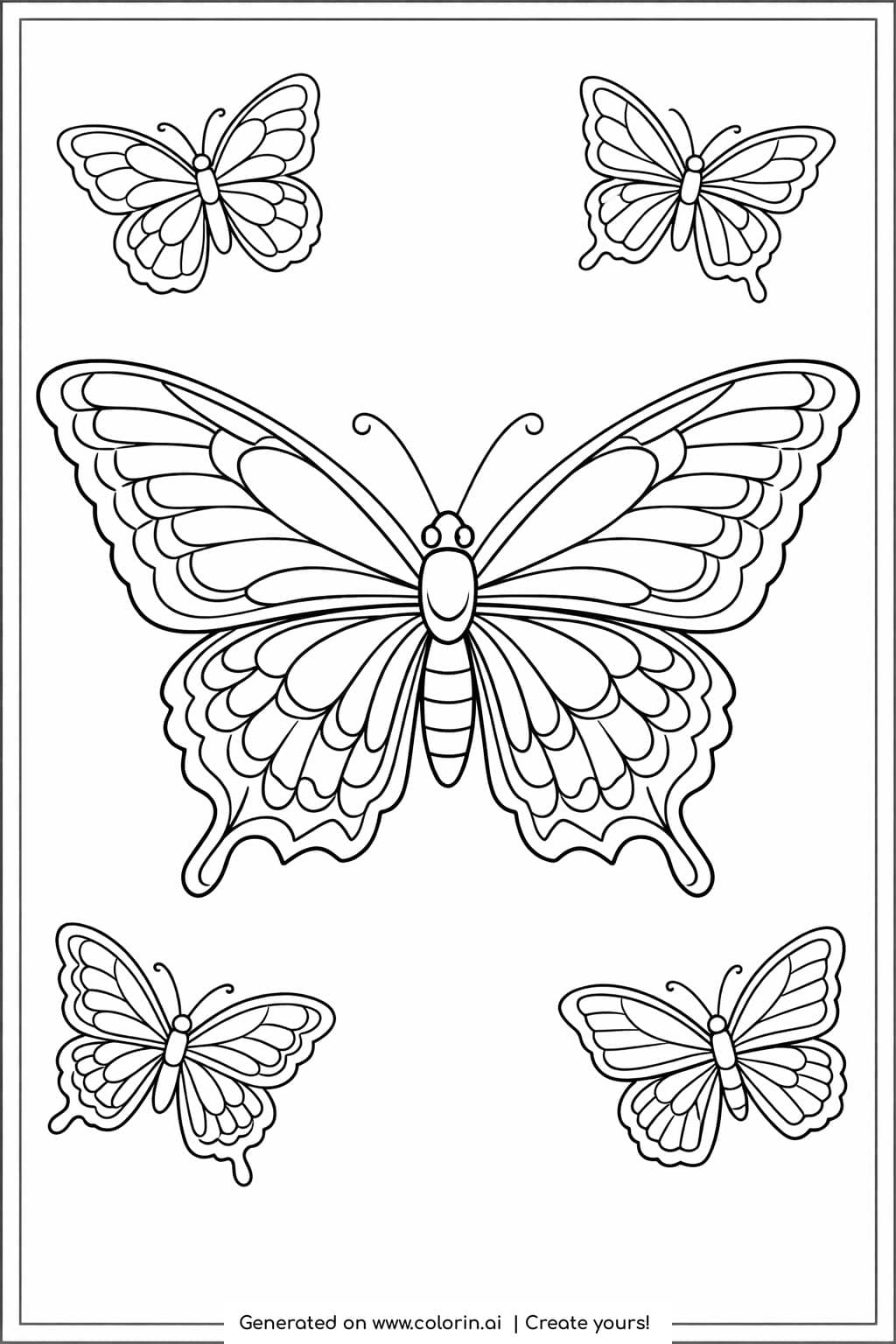 giant butterfly surrounded by four butterflies coloring page with symmetrical wing patterns coloring page