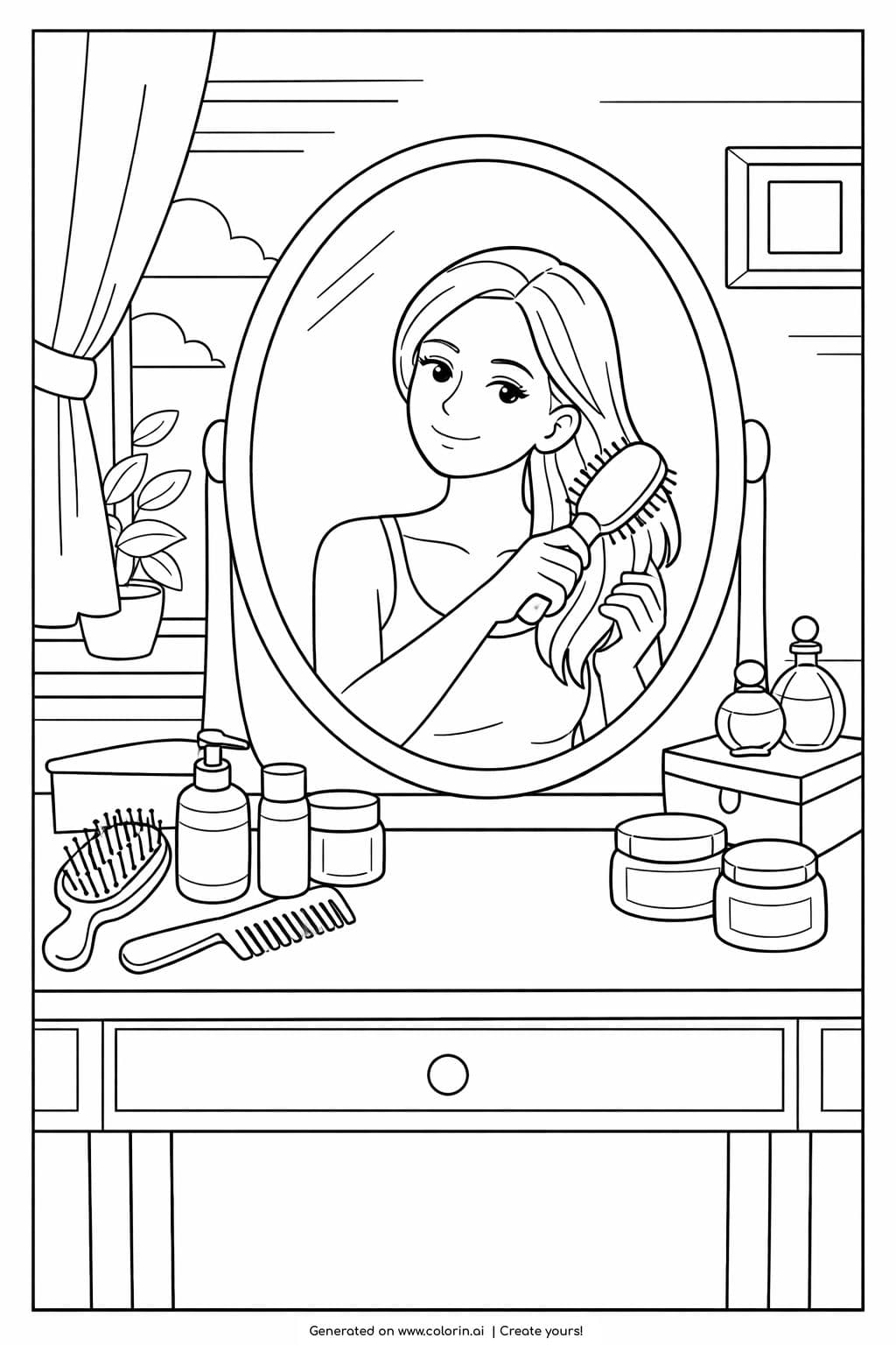 girl brushing hair at vanity mirror coloring page showing a calm self care scene with beauty items coloring page
