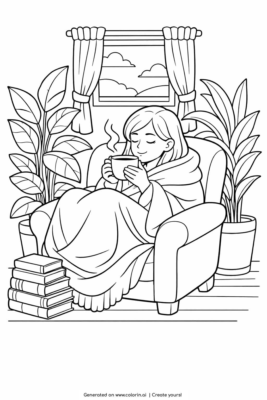 girl drinking tea in cozy armchair coloring page with plants blanket and peaceful indoor scene coloring page
