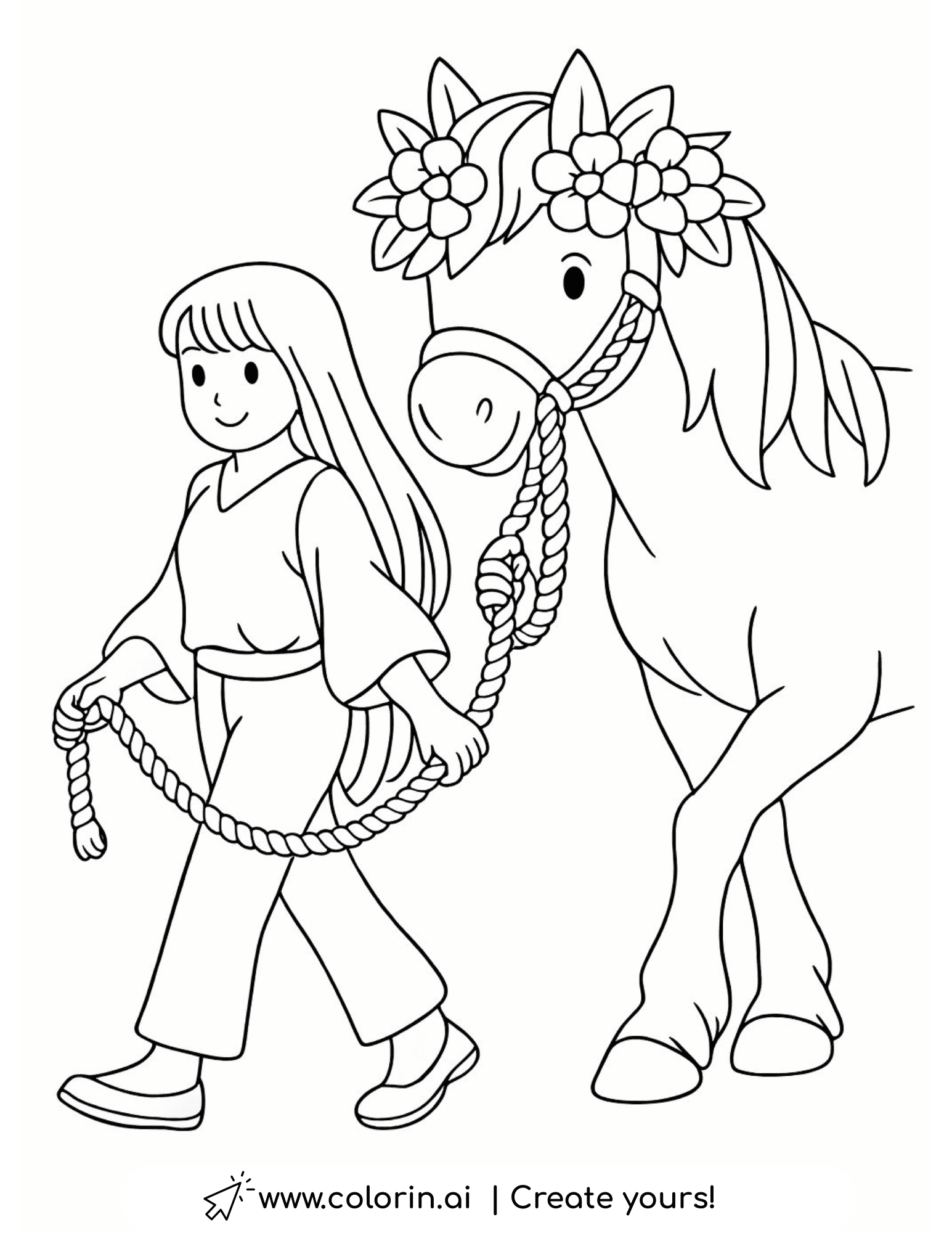 girl walking and leading horse with flower crown coloring page