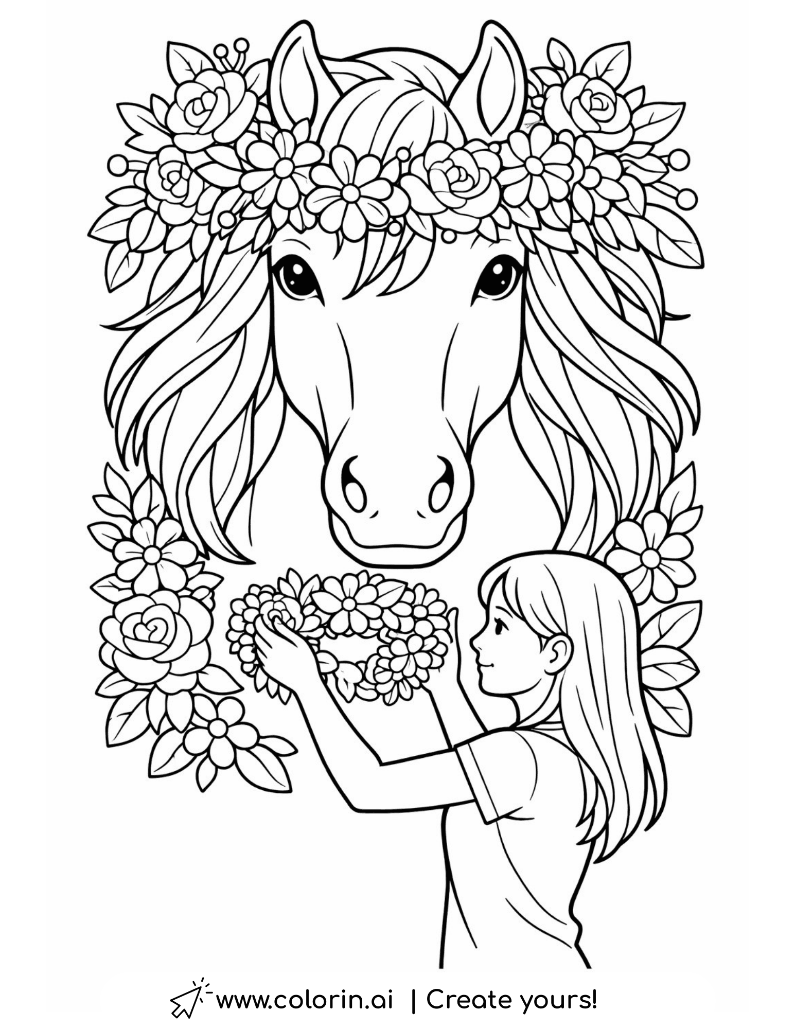 girl making flower crown for horse coloring page with floral decorations