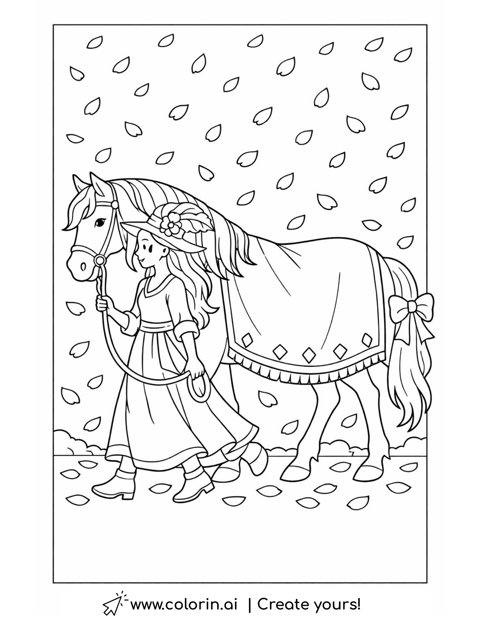 girl walking horse in falling leaves coloring page autumn themed illustration