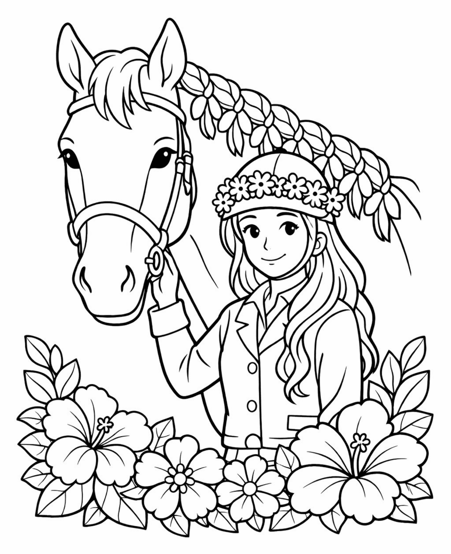 girl with flower crown beside horse coloring page floral portrait illustration coloring page