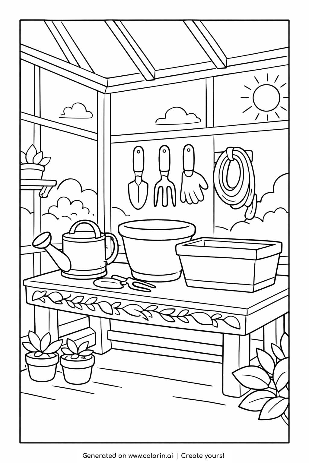 greenhouse corner with gardening tools coloring page showing pots watering can and tools on a workbench coloring page