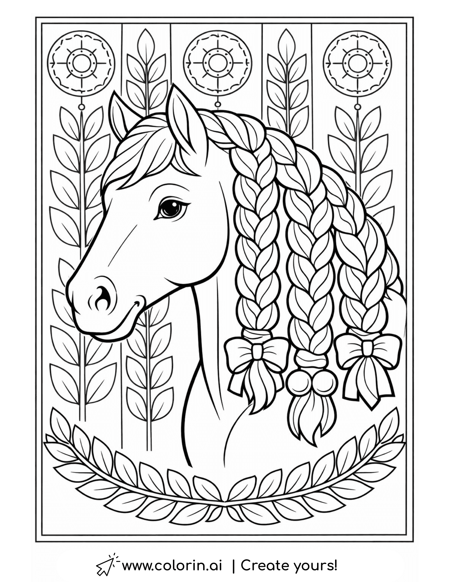 horse portrait with braided mane coloring page with ornamental leaf background coloring page