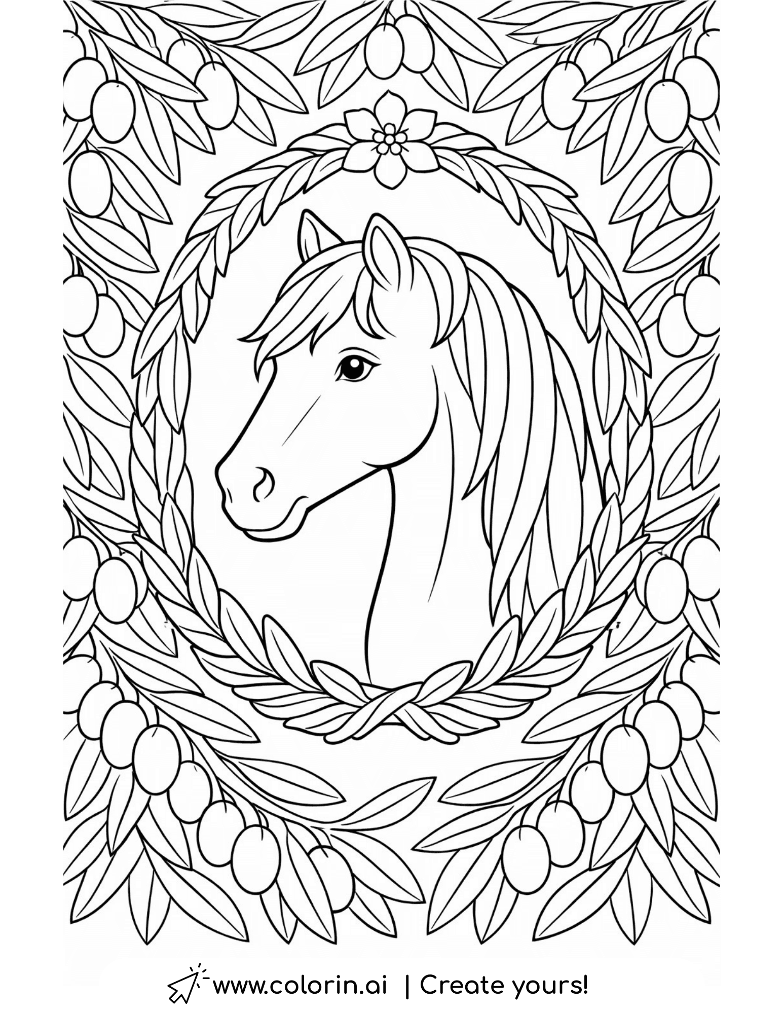 horse portrait with olive wreath coloring page surrounded by olives and leaves coloring page