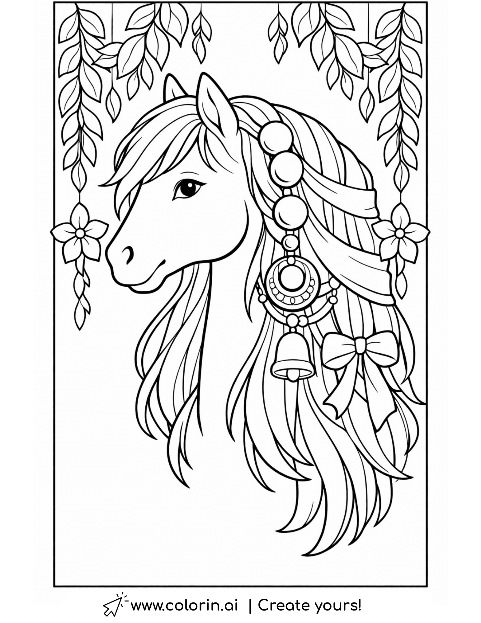 horse with beads and bell ornament coloring page with hanging leaves and flowers coloring page