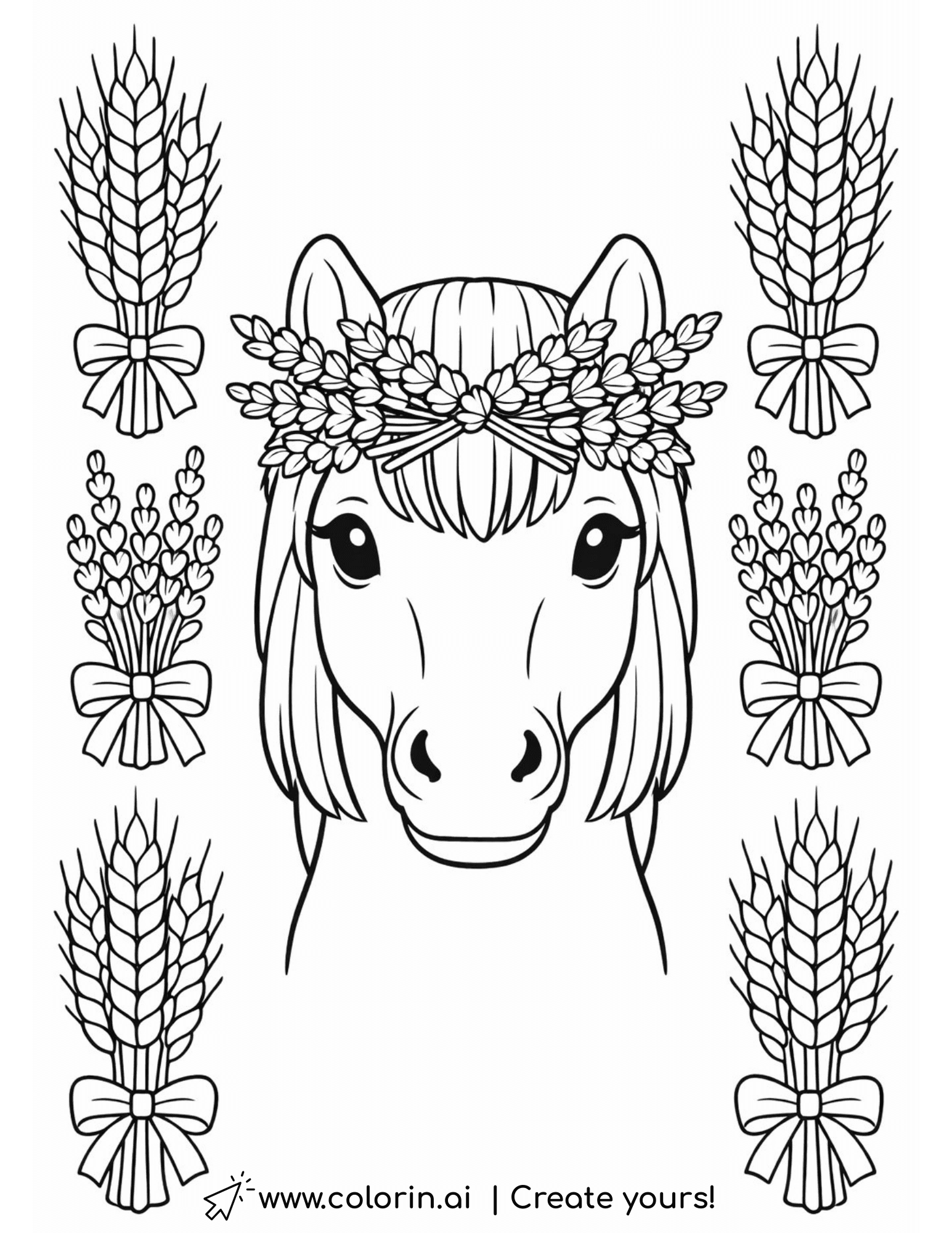 Horse With Flower Crown and Wheat Coloring Page created with colorin.ai