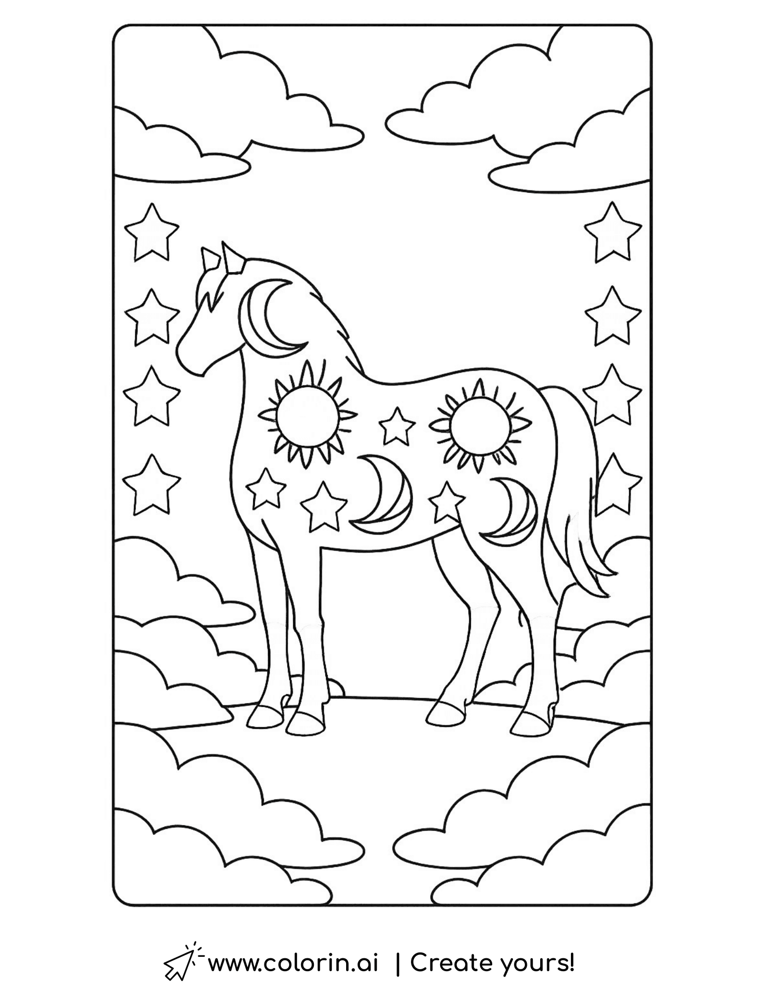 horse with sun and moon patterns coloring page surrounded by clouds and stars coloring page