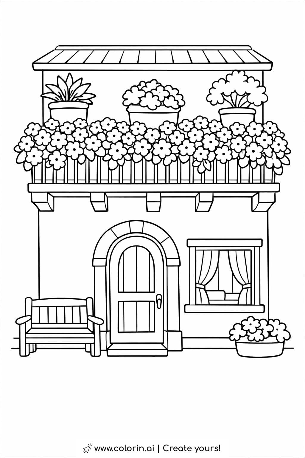 house with flower balcony and bench coloring page featuring arched door and potted plants coloring page