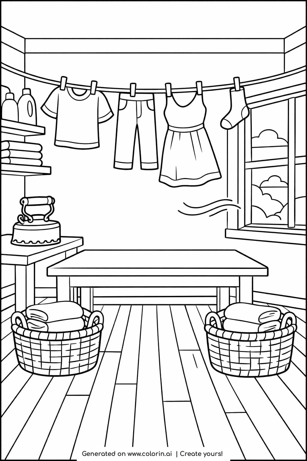 indoor laundry room with hanging clothes coloring page featuring baskets and window coloring page