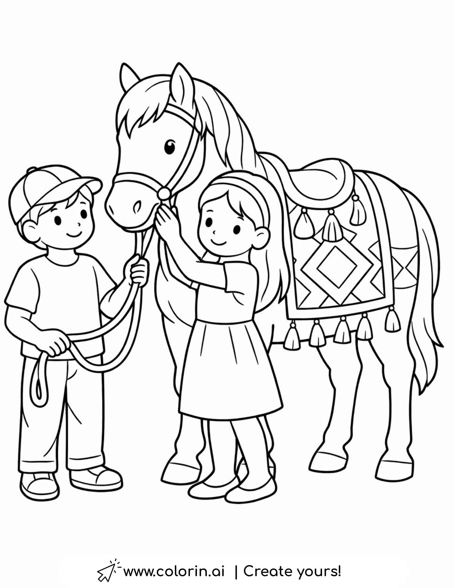 kids petting horse with patterned blanket coloring page cute interaction illustration coloring page