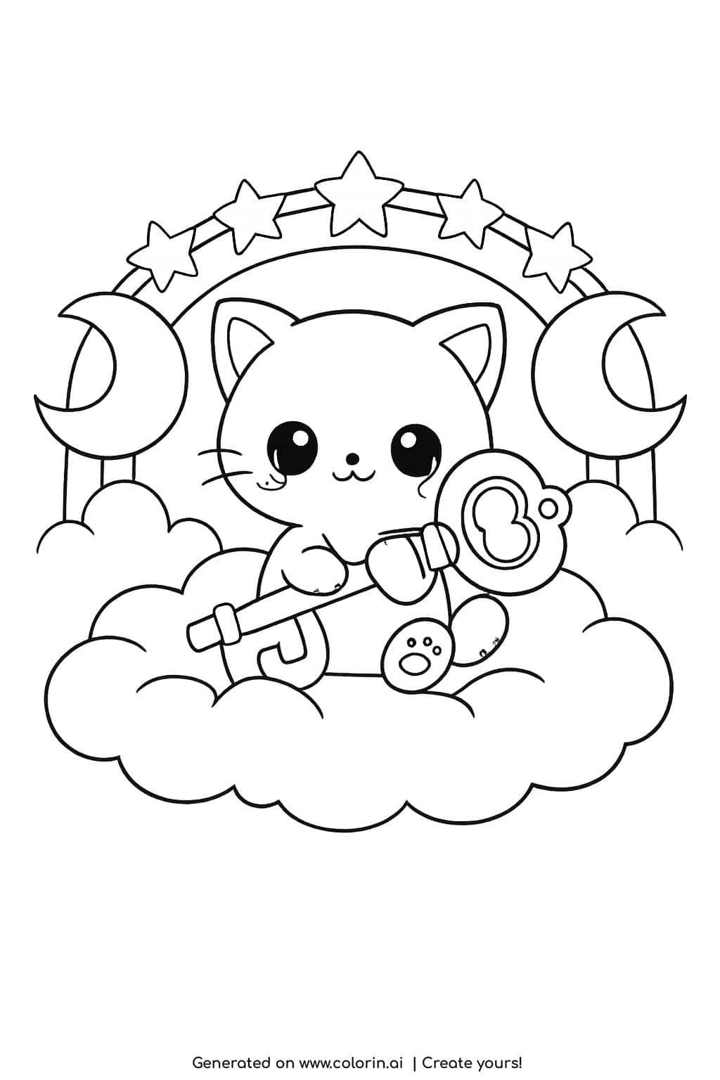 kitten holding antique key on cloud coloring page with stars and crescent moons coloring page