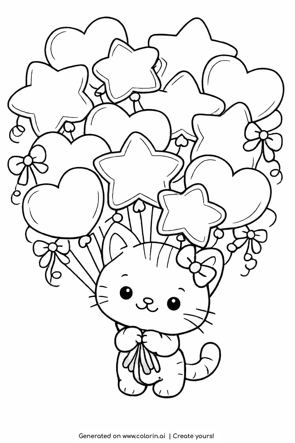 kitten holding heart and star balloons coloring page with bows and floating shapes