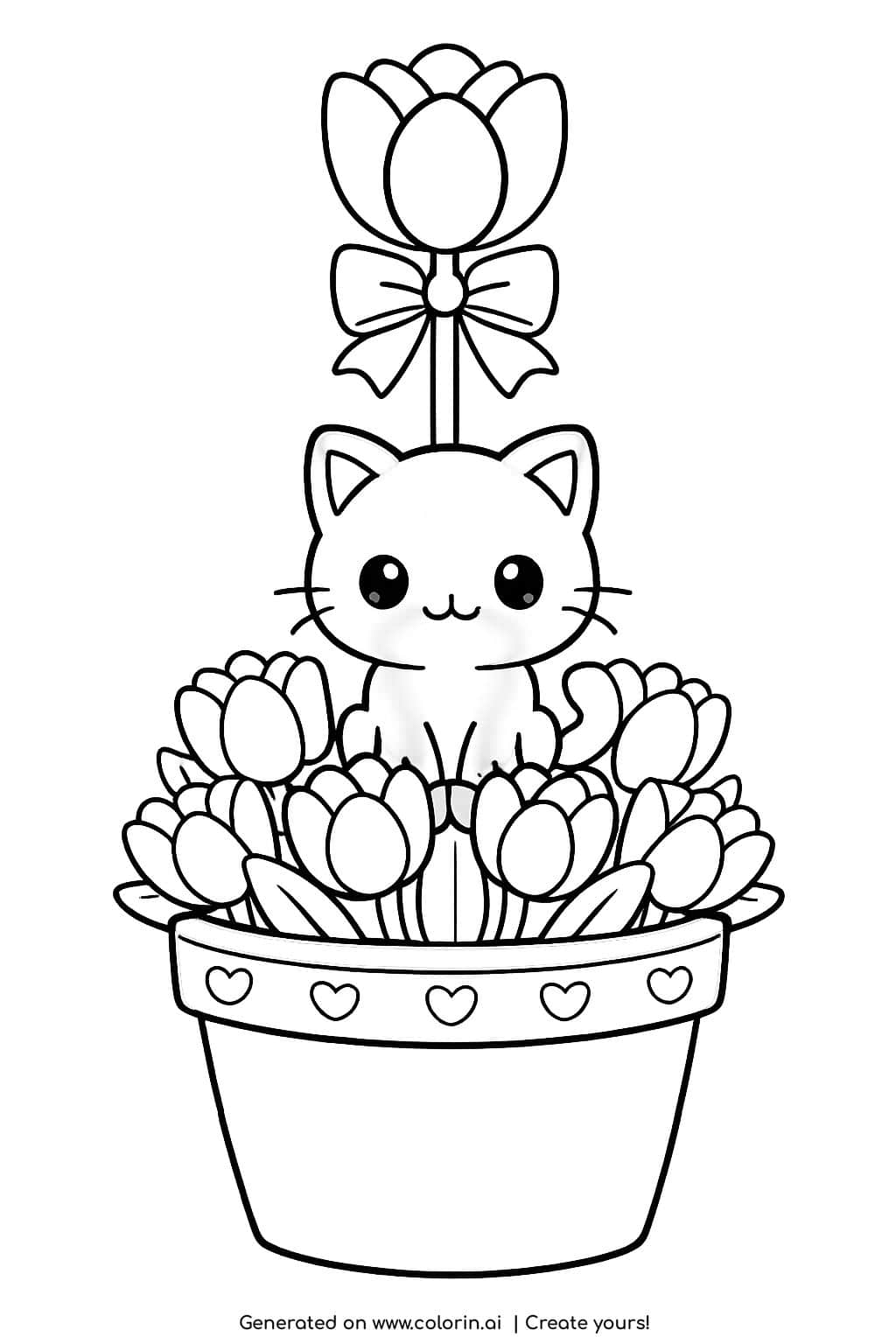 kitten sitting in tulip flower pot coloring page with bow and heart decorated pot coloring page
