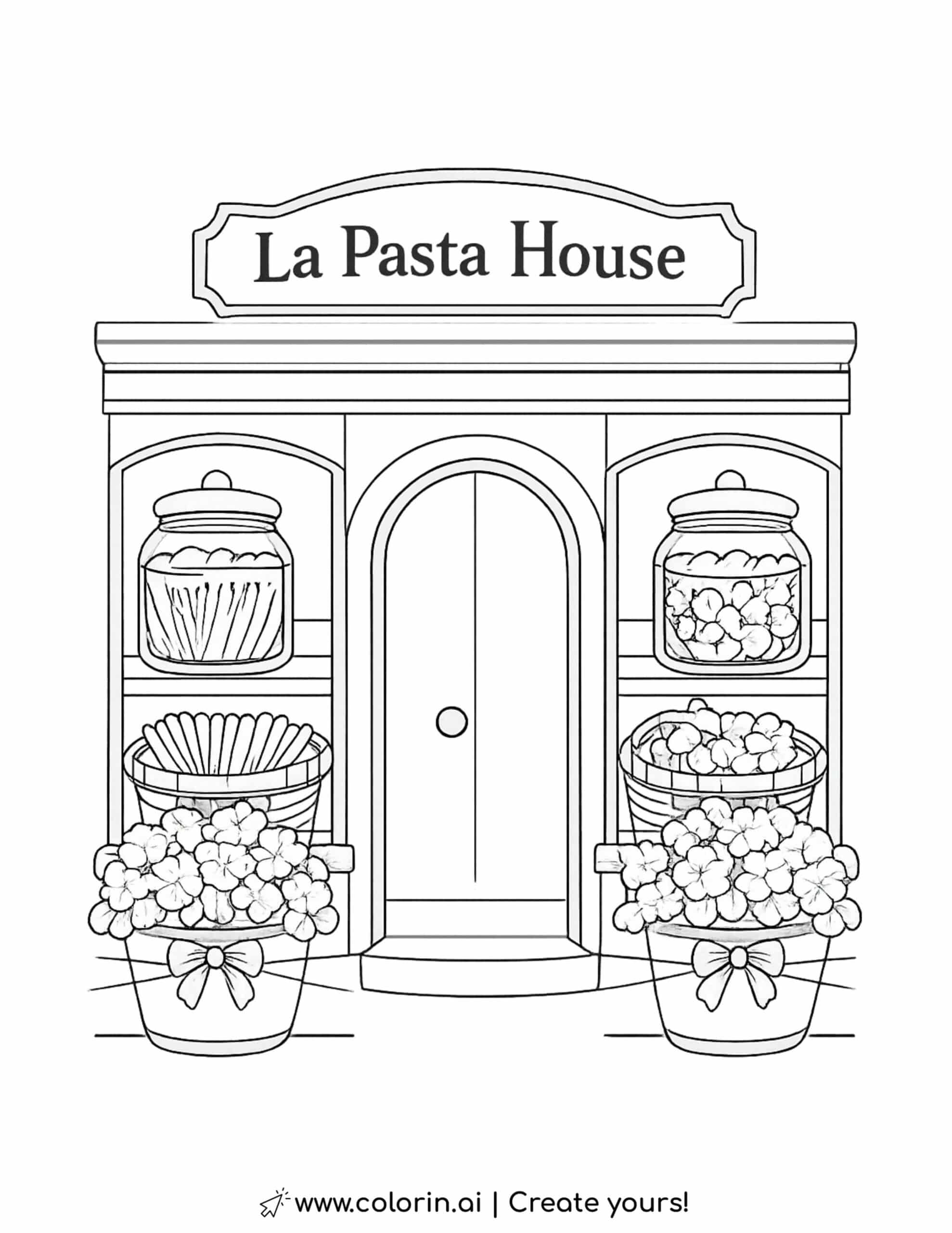 la pasta house storefront pasta shop coloring page with jars baskets and flower pots coloring page