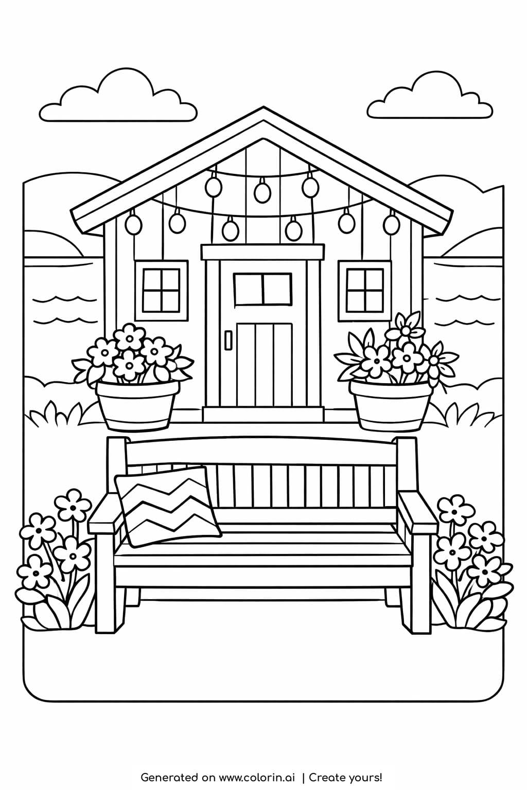 lakeside cottage with bench and lights coloring page with flowers and lake
