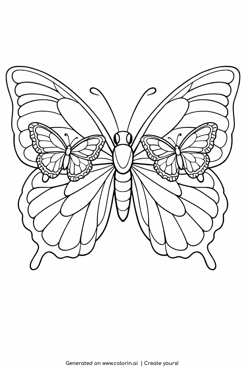 large butterfly with two smaller butterflies coloring page with symmetrical wings and detailed patterns coloring page