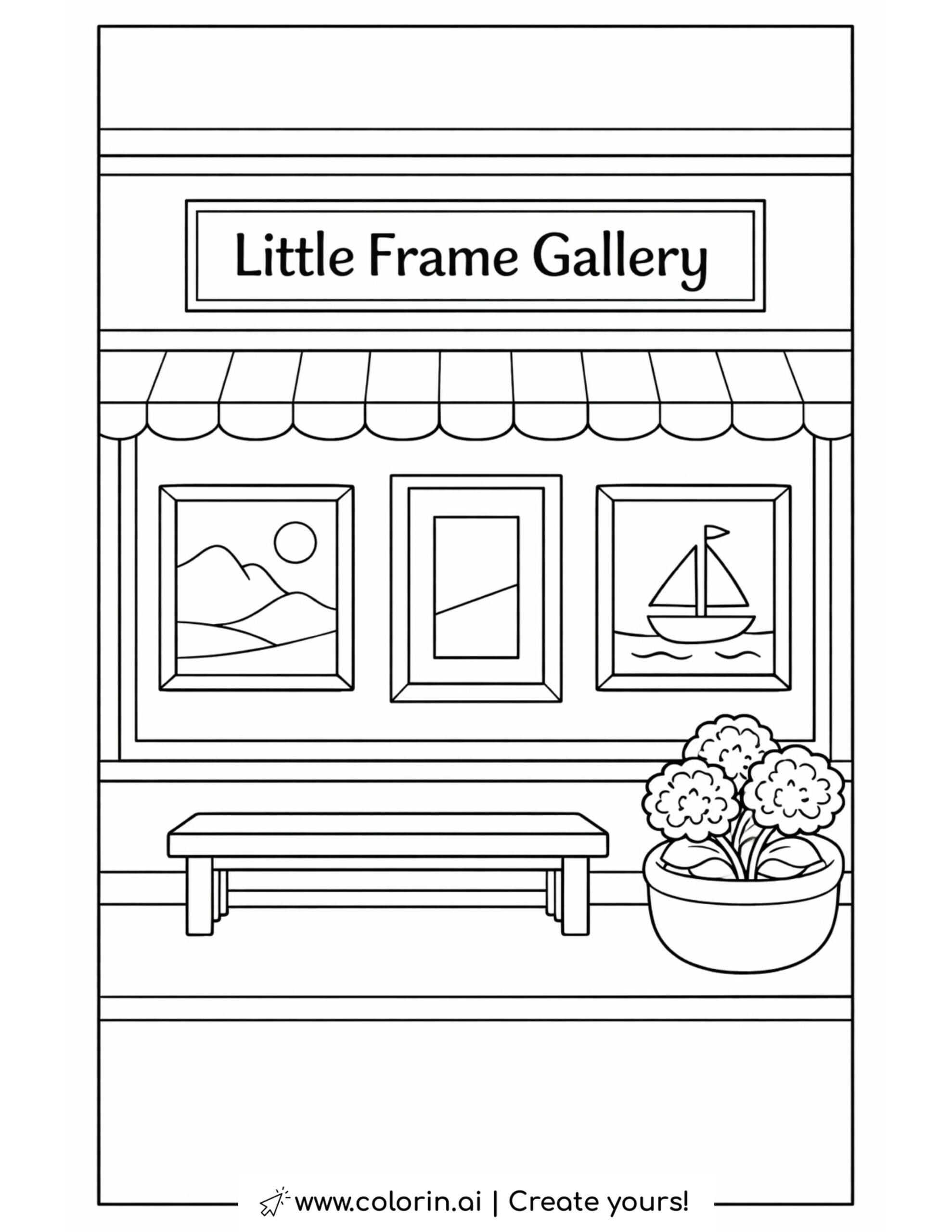 little frame gallery storefront scene coloring page with bench and potted flowers coloring page