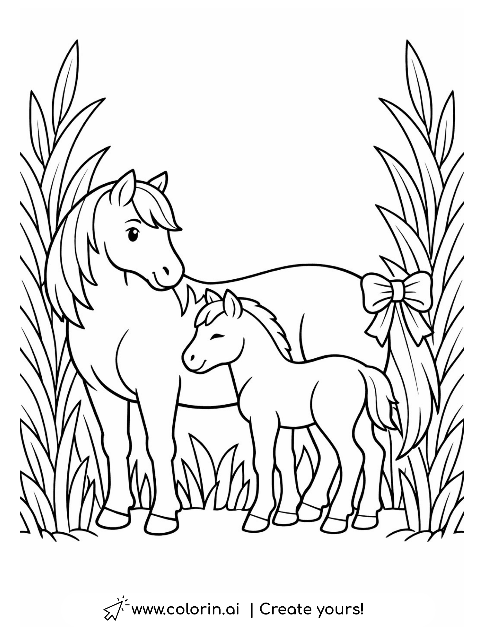 mare and foal between tall plants coloring page with decorative bow