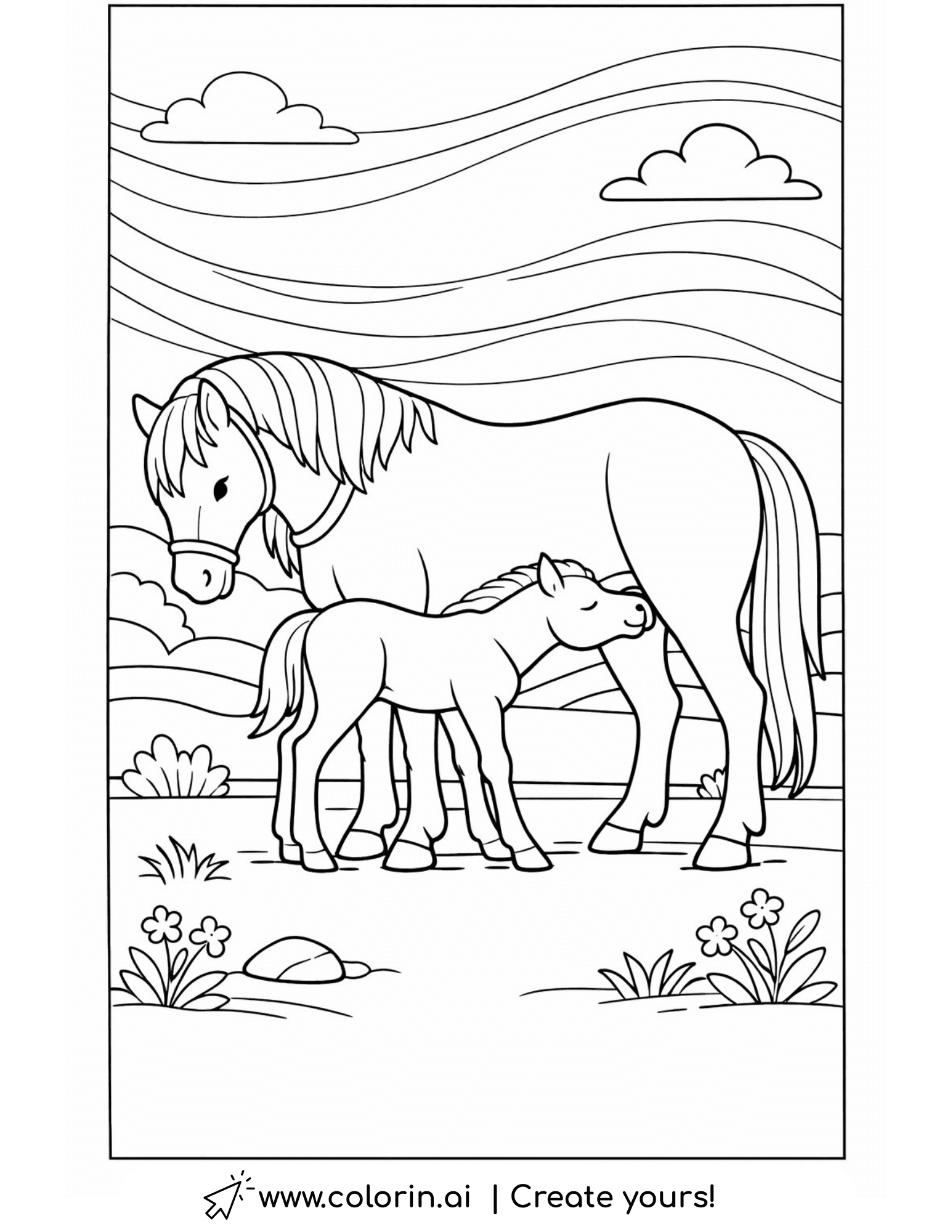 mare and foal standing together in peaceful countryside coloring page