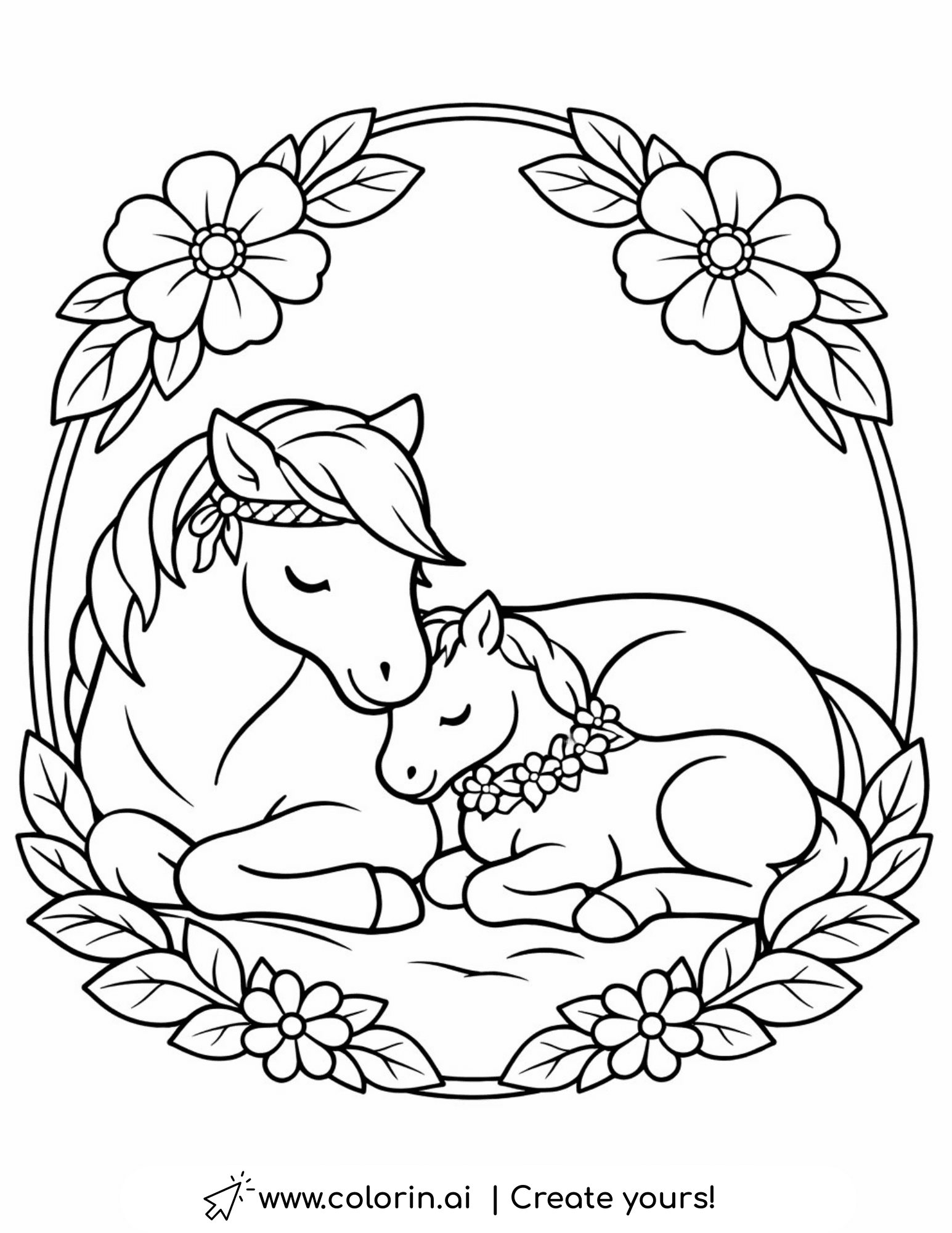 mare and foal resting in floral frame coloring page with decorative flowers