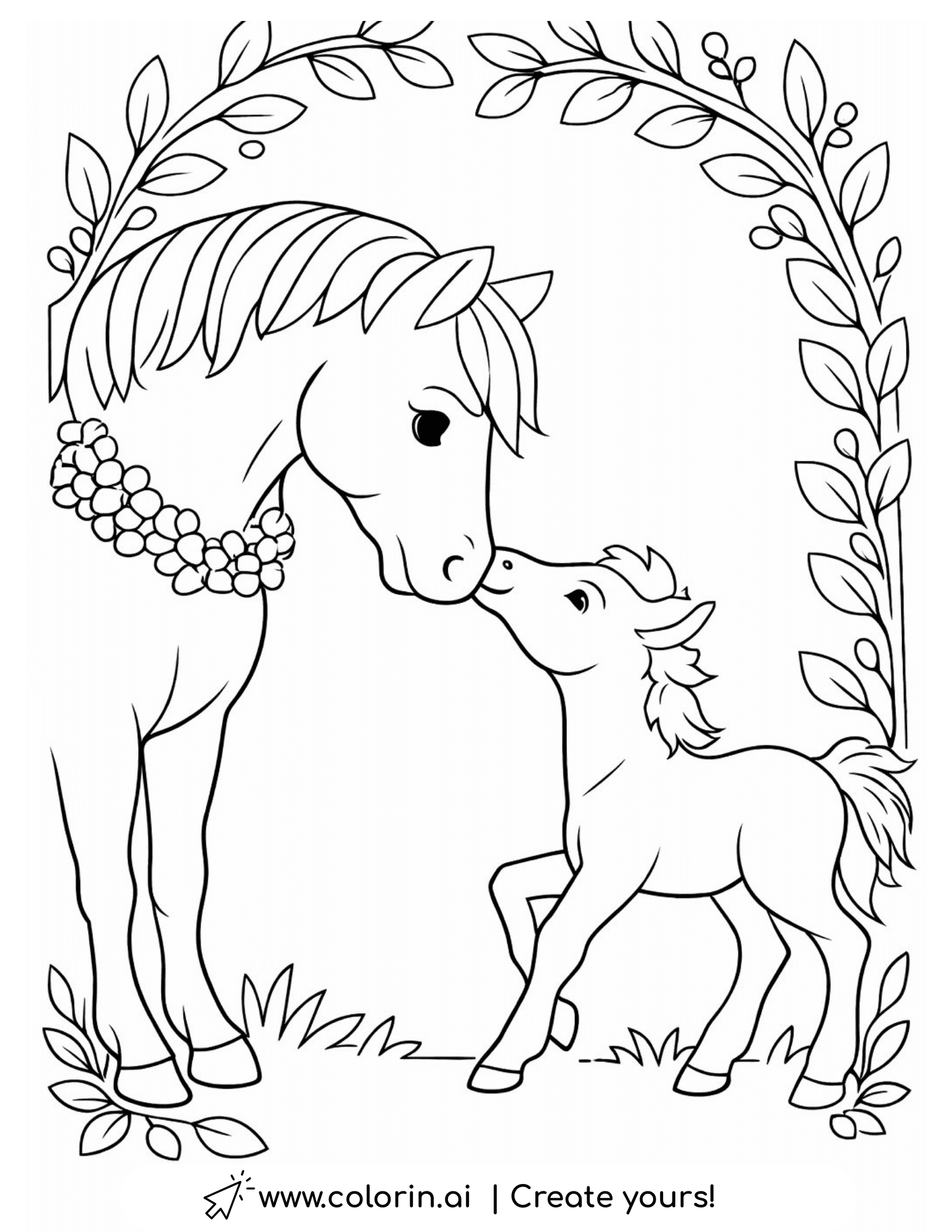 mother horse kissing baby foal coloring page with floral frame coloring page