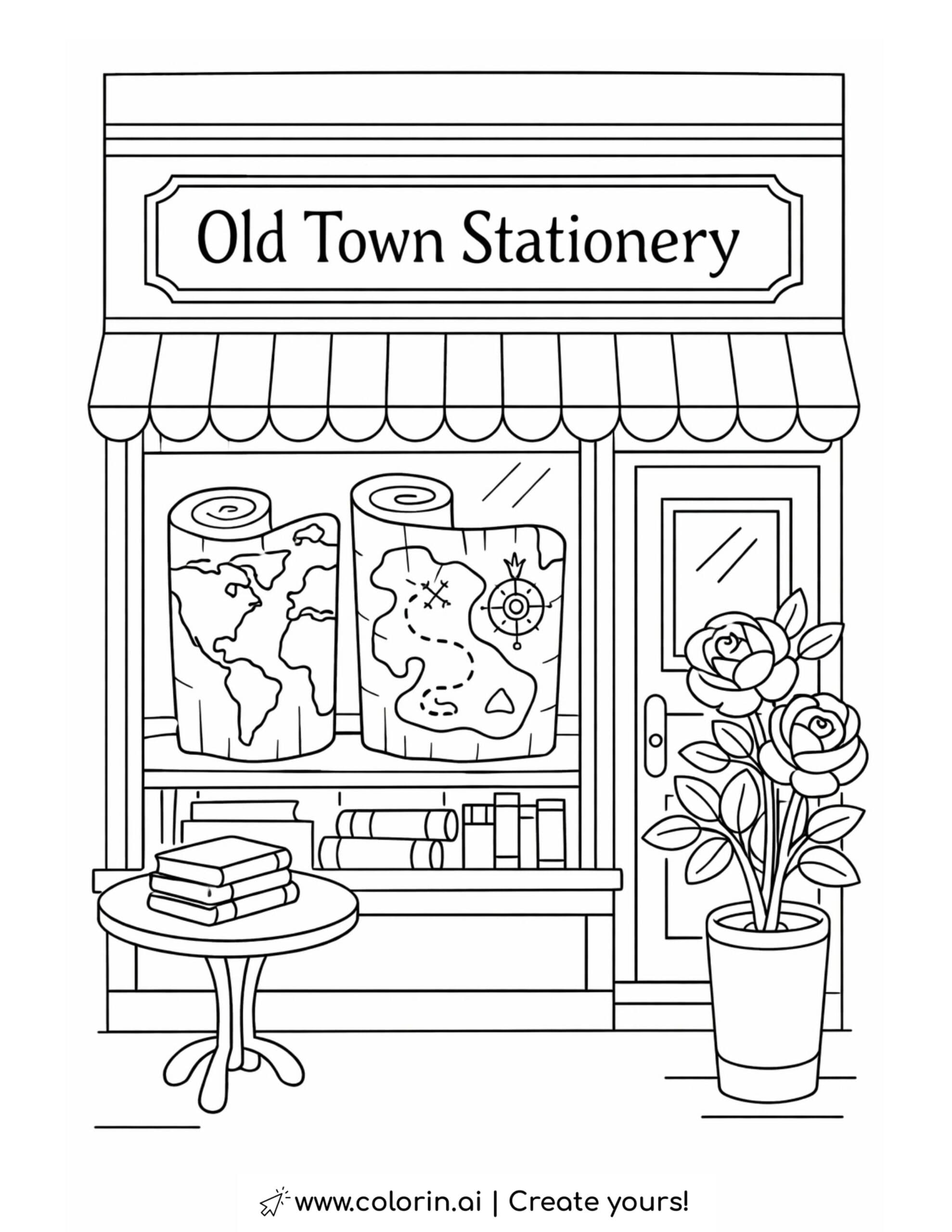 old town stationery map shop coloring page with rolled maps books and rose plant coloring page