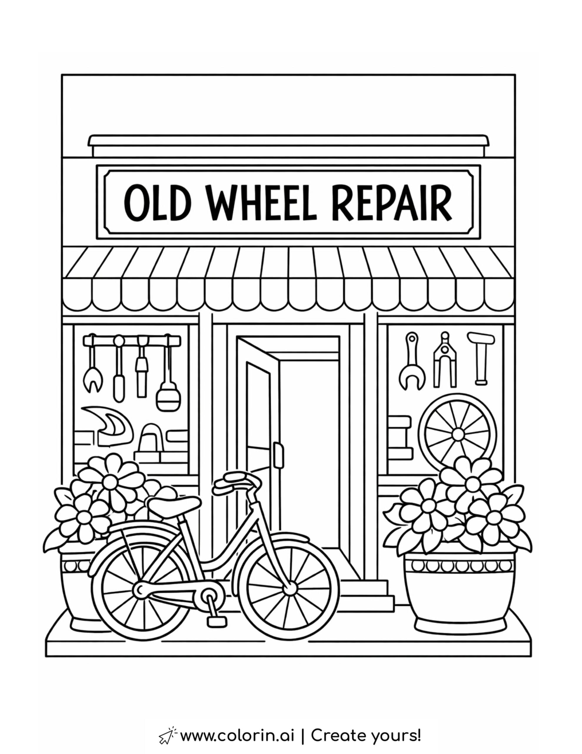 old wheel repair bike shop coloring page with bicycle and flower pots coloring page