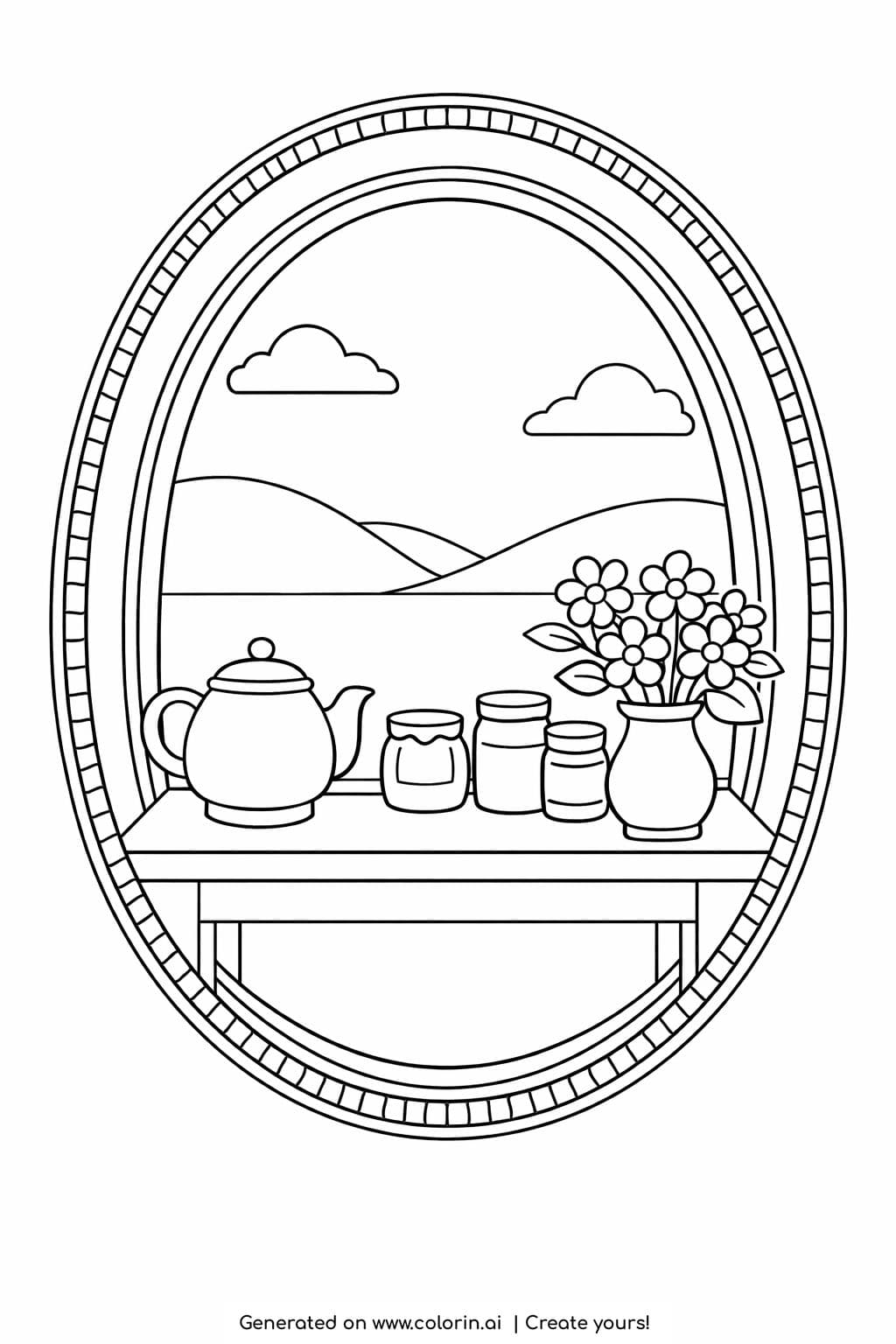 oval window with teapot and flowers coloring page cozy cottage interior scene coloring page