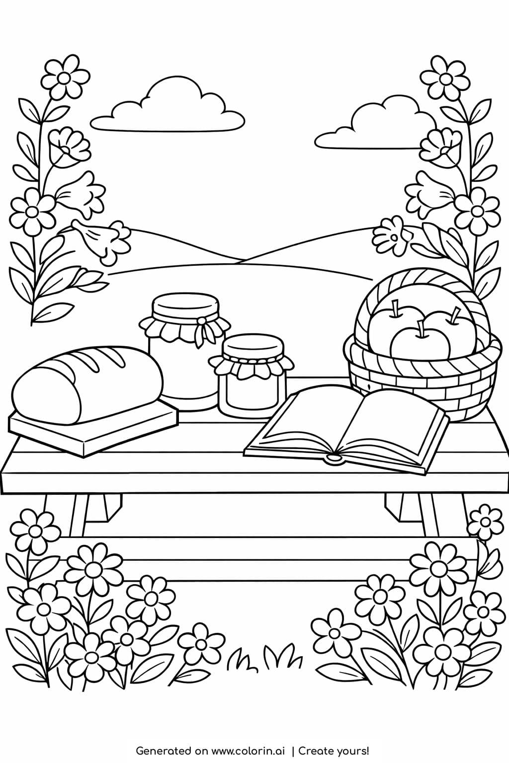 picnic table with bread and apples coloring page with flowers and open book