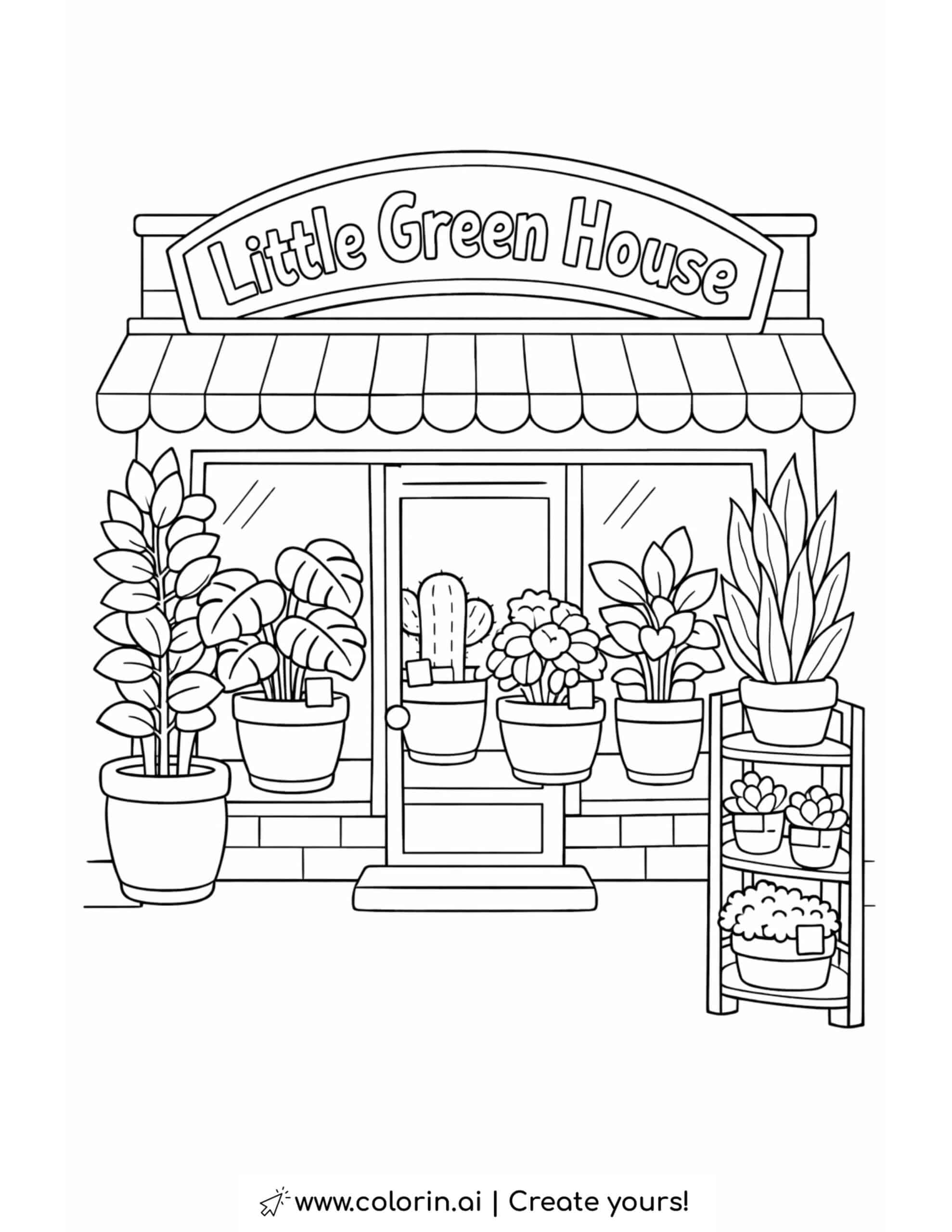 plant shop storefront with potted plants coloring page featuring shop sign and display shelves coloring page