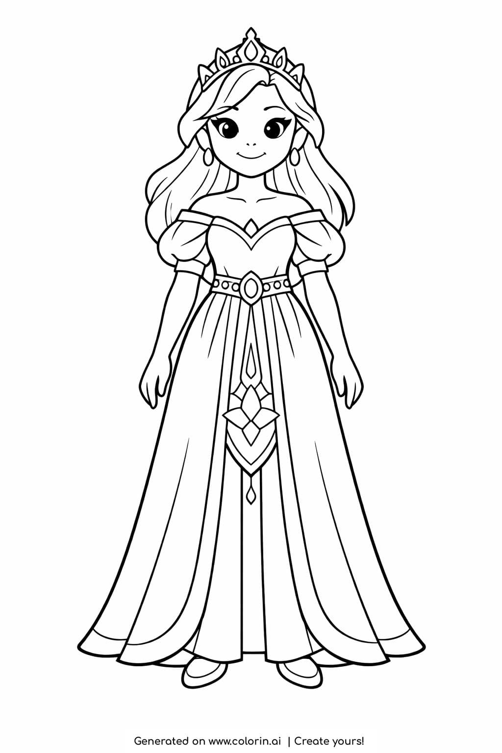 princess standing with long dress coloring page with crown and decorative gown